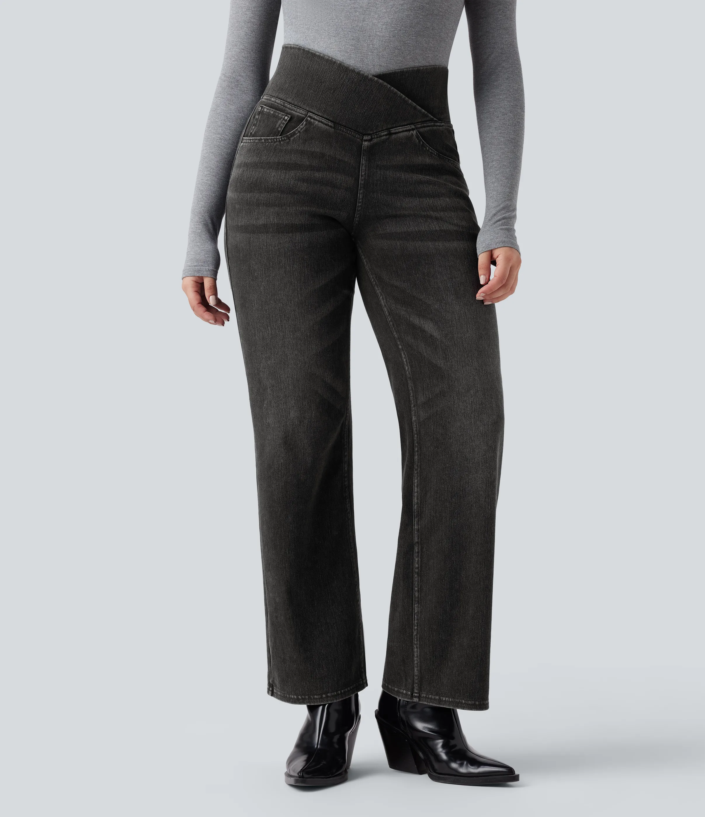 Halara Jeans casuales rectos con control de abdomen de tiro alto cruzado y bolsillos, estilo Halara Flex™ SoCinched - Poppy Seed Denim - XS(regular) sold by Halara