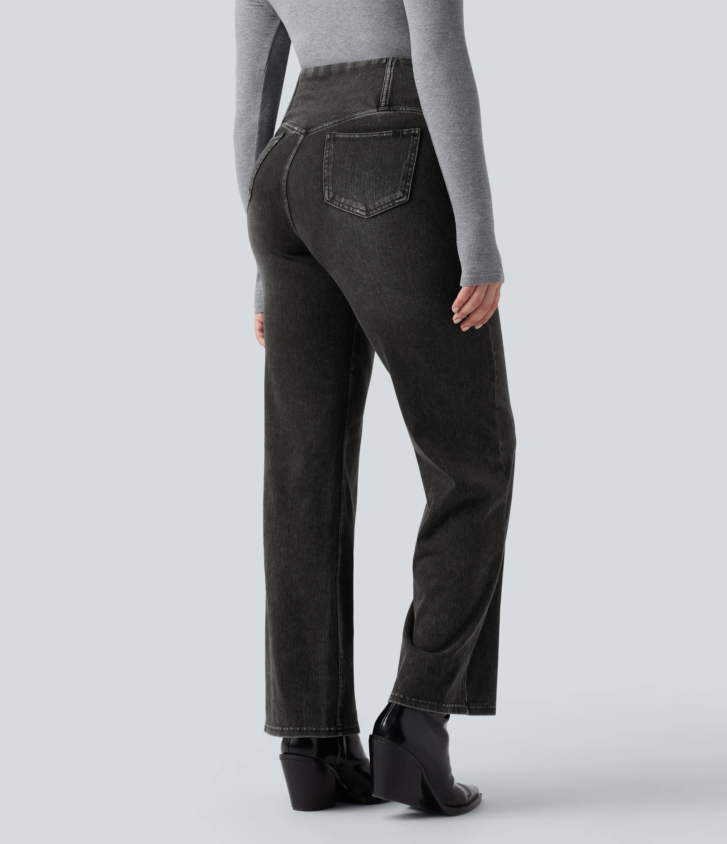 Halara Jeans casuales rectos con control de abdomen de tiro alto cruzado y bolsillos, estilo Halara Flex™ SoCinched - Poppy Seed Denim - XS(regular) sold by Halara product image thumbnail 3