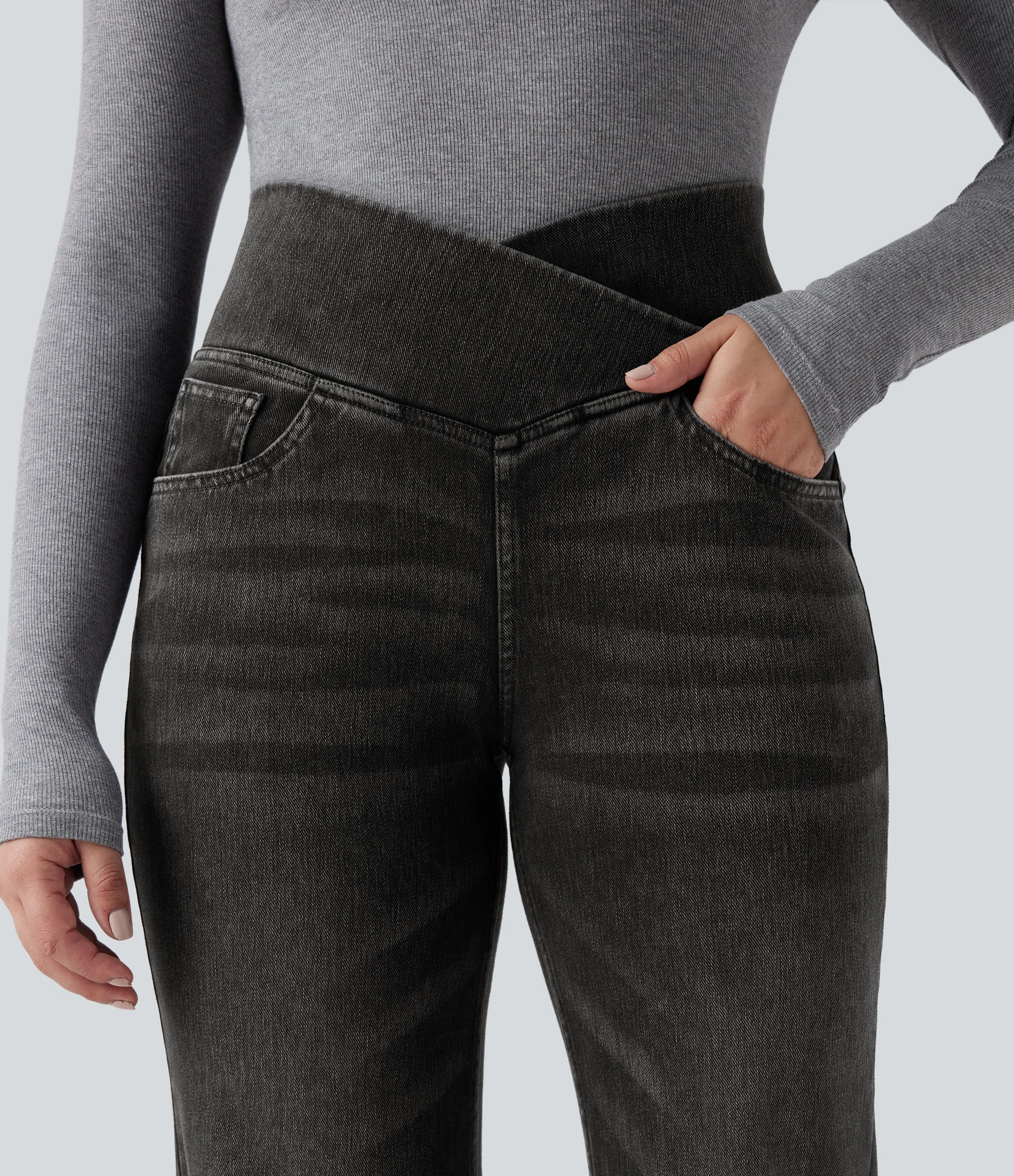 Halara Jeans casuales rectos con control de abdomen de tiro alto cruzado y bolsillos, estilo Halara Flex™ SoCinched - Poppy Seed Denim - XS(regular) sold by Halara product image thumbnail 5