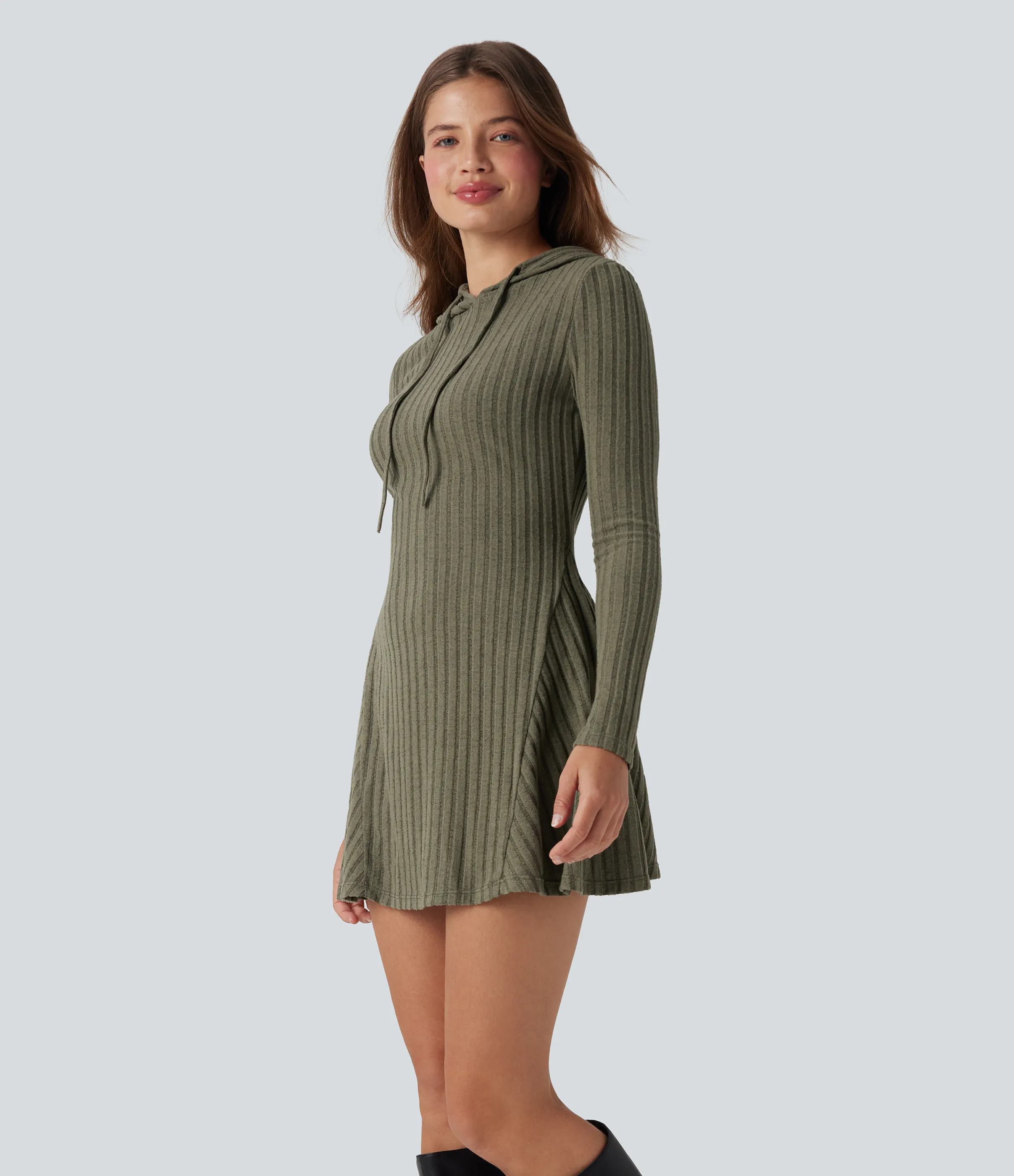 Halara Vestido casual mini de manga larga con capucha y cordón ajustable de punto acanalado - Moss Green Floral Velvet - XL sold by Halara product image thumbnail 4