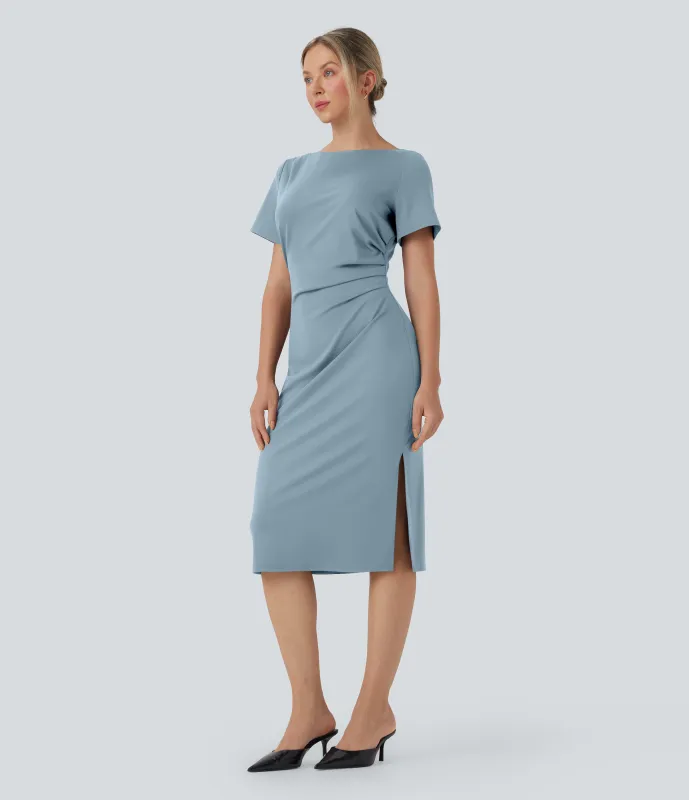 Halara Vestido de oficina midi de manga corta con fruncido - Moon Ice Blue - XS sold by Halara