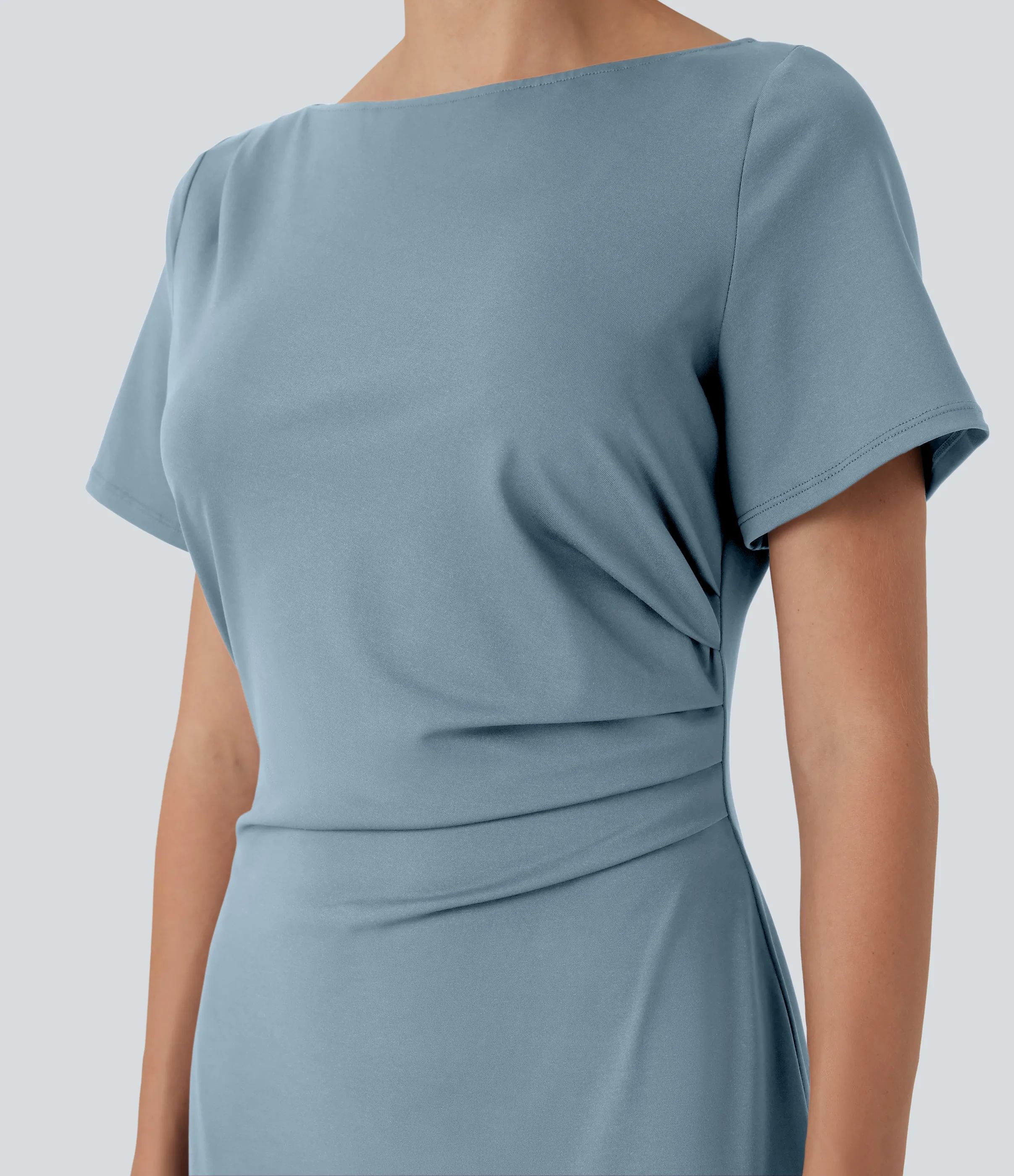 Halara Vestido de oficina midi de manga corta con fruncido - Moon Ice Blue - XS sold by Halara product image thumbnail 5