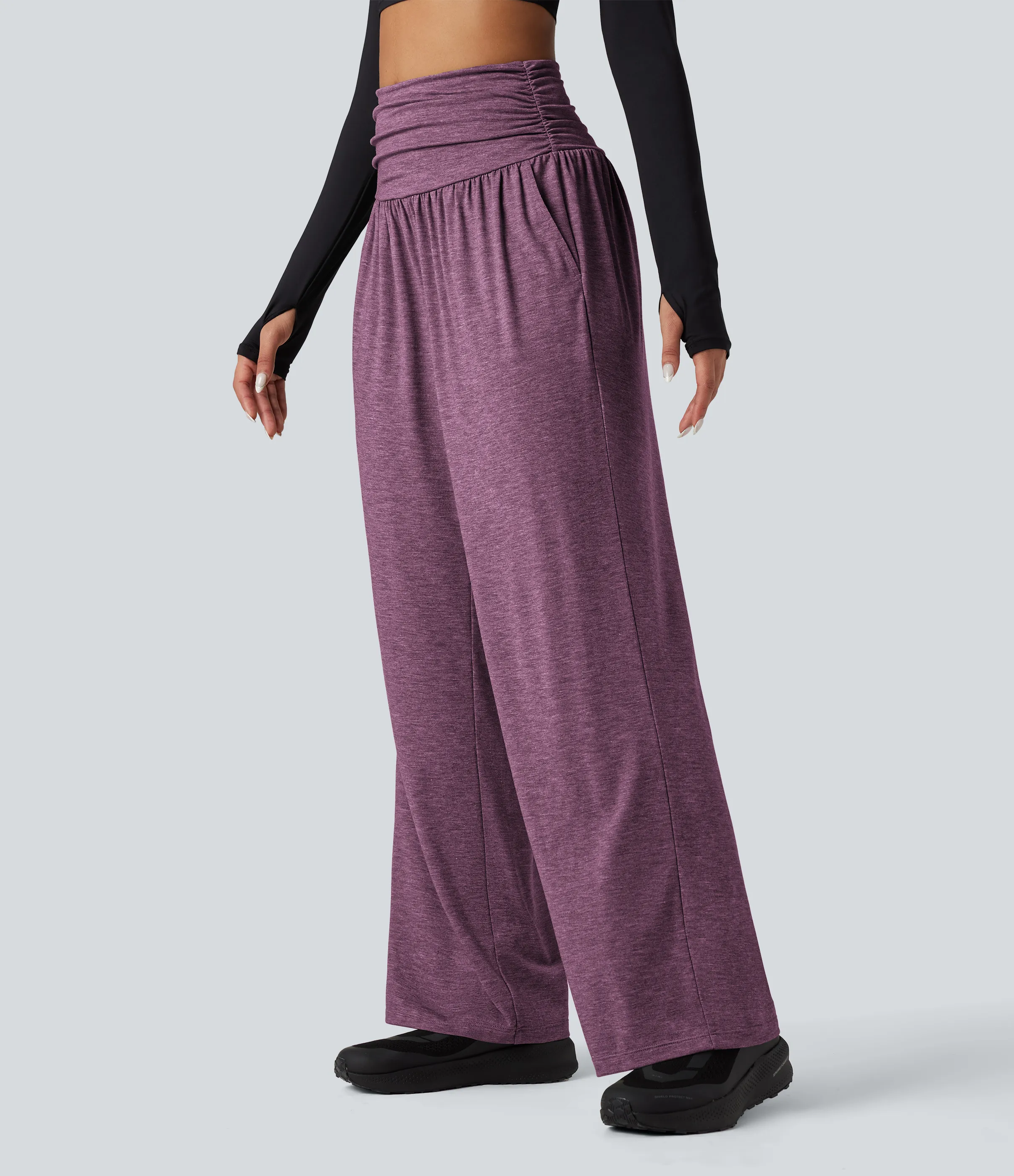 Halara Pantalones holgados de yoga de tiro alto con fruncido y bolsillos - Red Violet Floral Yarn - L(regular) sold by Halara product image thumbnail 4