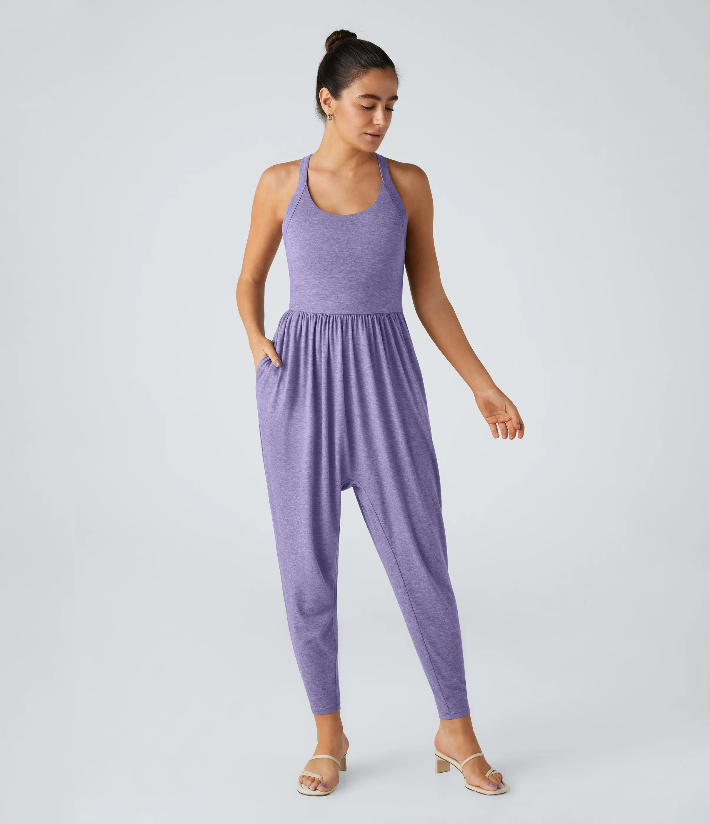 Halara Mono harén bolsillo lateral cuello U torcido sin espalda - Light Purple Floral Yarn - XL(regular) sold by Halara product image thumbnail 3