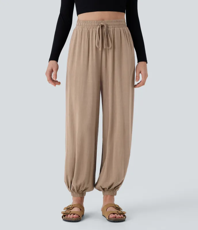 Halara Pantalón deportivo mezcla lino tiro alto fruncido bolsillo lateral drapeado cordón - Smoke Gray - S(regular) sold by Halara