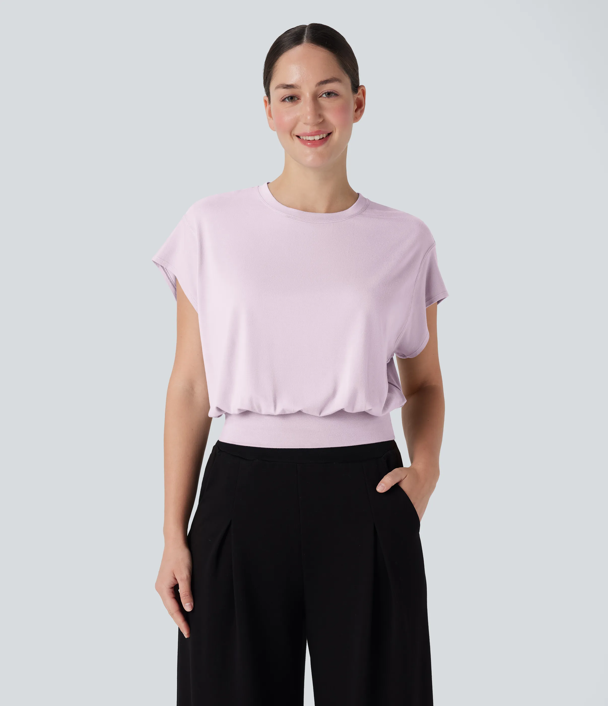 Halara Camiseta de oficina de manga corta de murciélago con cuello redondo - Orchid Ice - S sold by Halara product image thumbnail 2