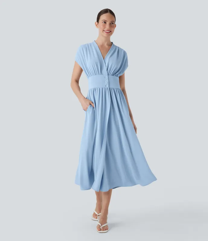 Halara Vestido midi casual fluido con escote en V fruncido y botones con bolsillos - Clear Sky - XS sold by Halara