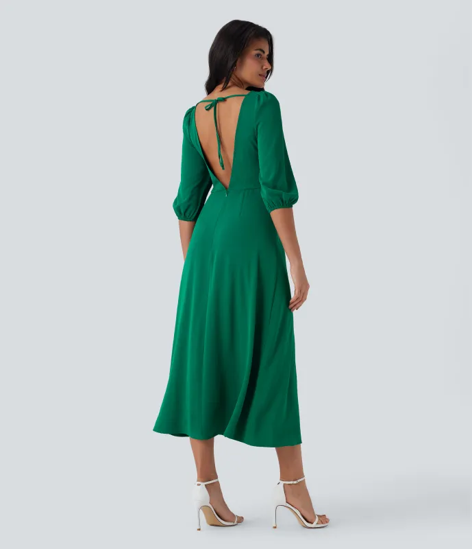 Halara Vestido de dama de honor e invitada de boda con abertura, espalda descubierta, lazo, cremallera y mangas abullonadas - Lush Meadow - XS sold by Halara