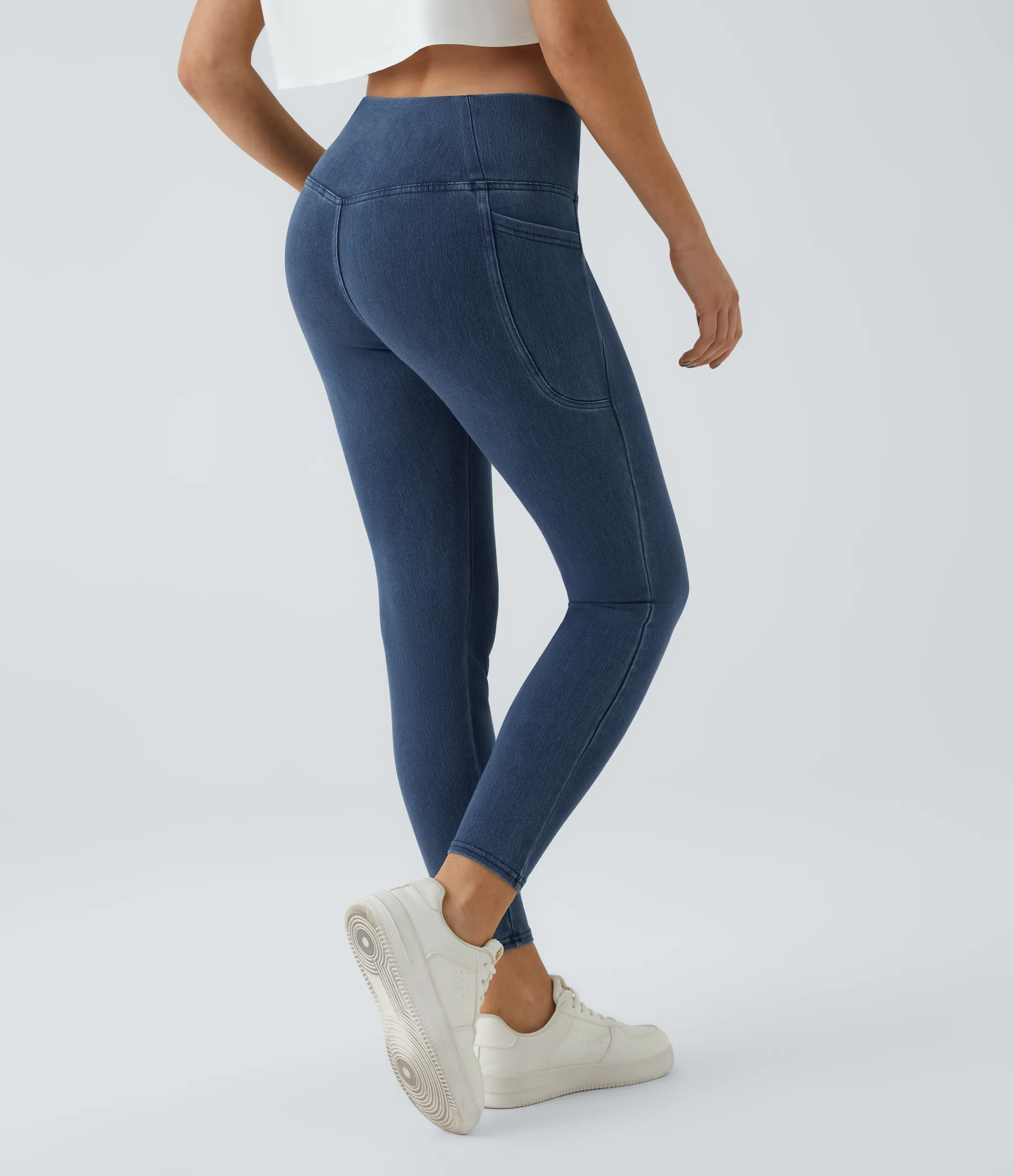Halara Leggings Halara Flex™ Denim oficina mezclilla elástico lavado bolsillo lateral cruzado - Washed Denim Bleached Blue - XL(full_length) sold by Halara product image thumbnail 4