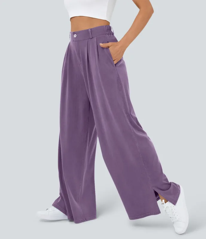 Halara Pantalón ancho tiro alto plisado bolsillo lateral dobladillo dividido cremallera botón - Mauve Denim - M(regular) made by Halara