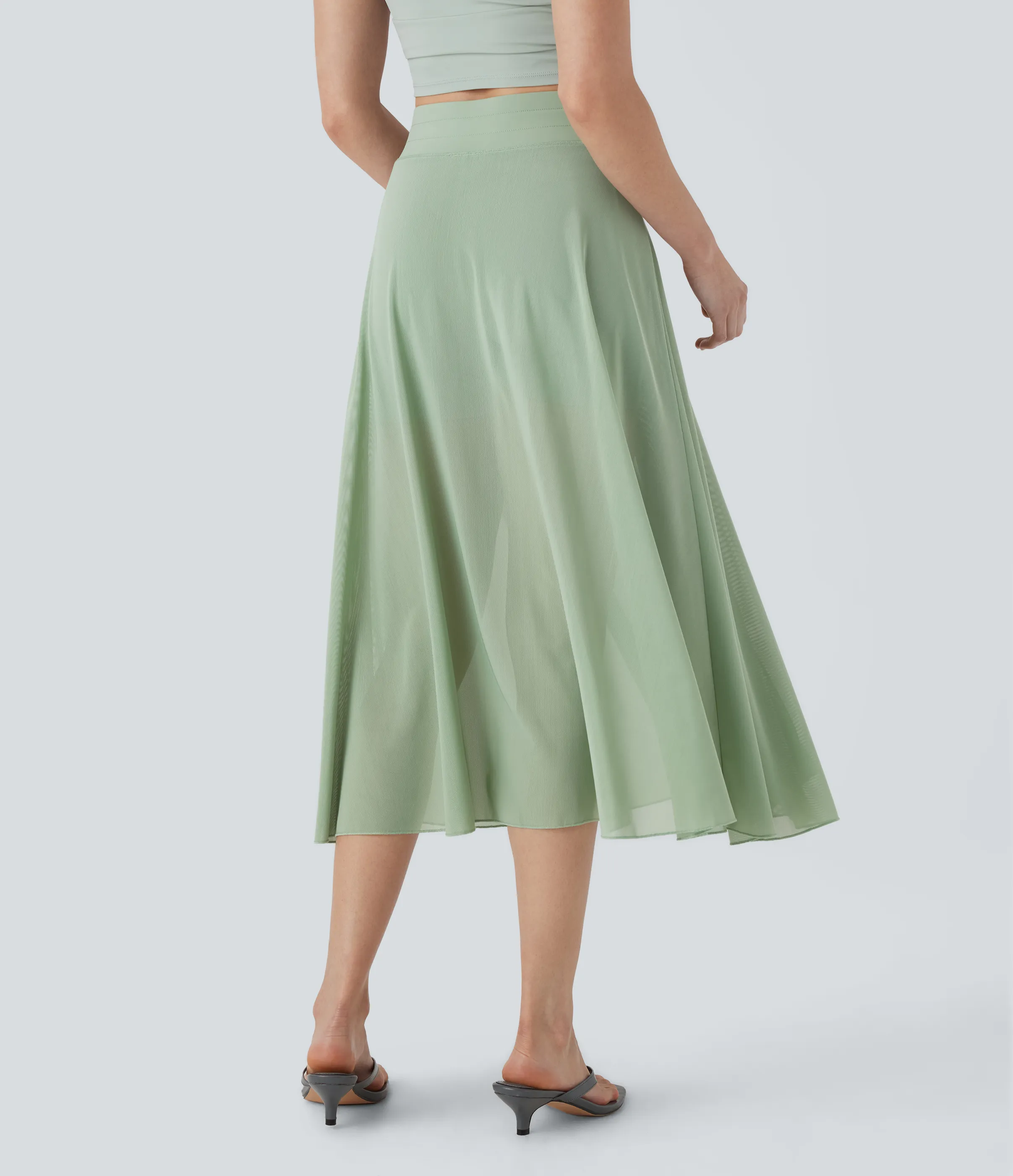 Halara Falda midi casual 2 en 1 acampanada con bolsillo lateral de tiro alto con cordón y malla en contraste - Iceberg Green - M sold by Halara product image thumbnail 3