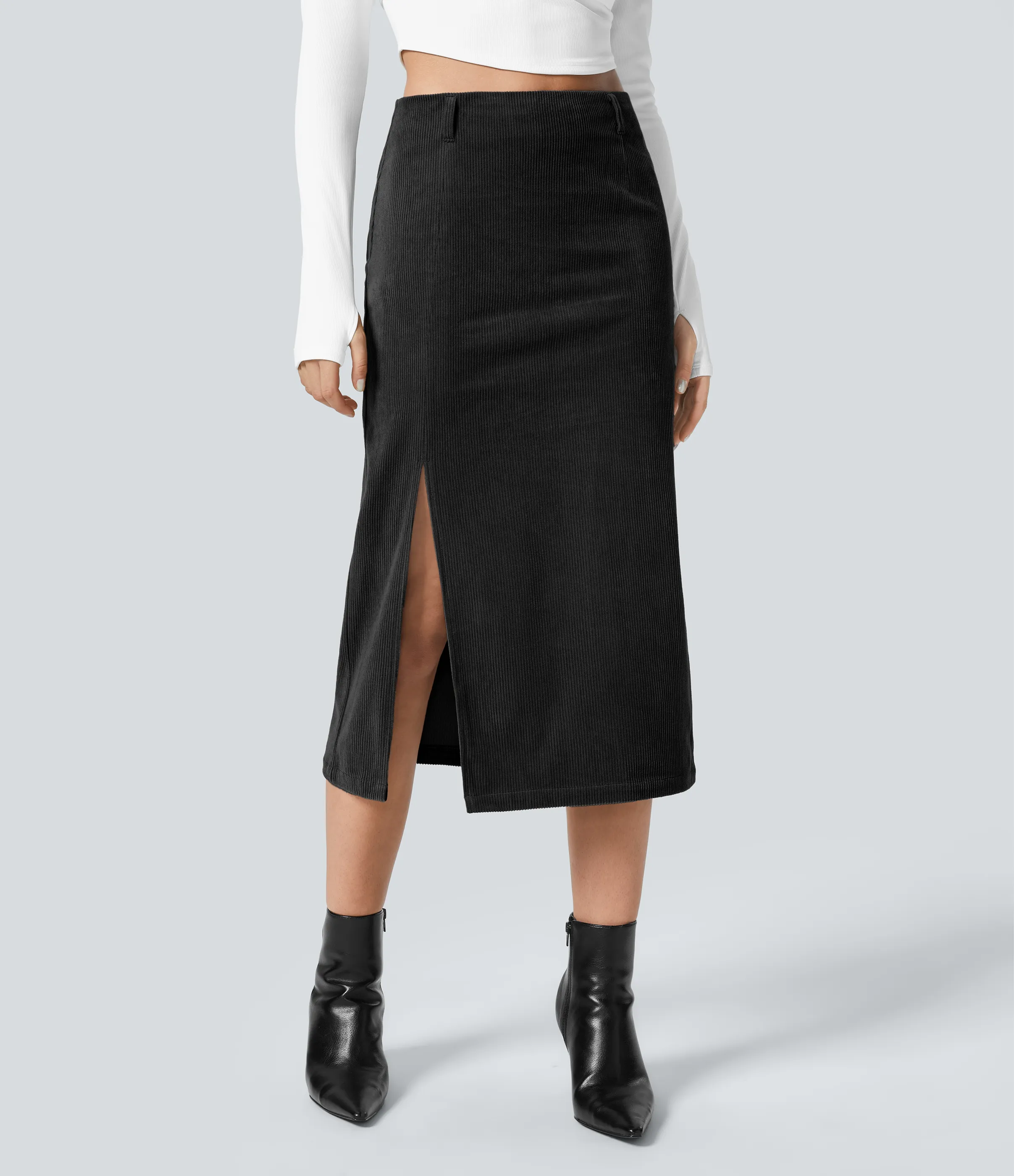 Halara Falda de pana midi con abertura y tiro alto con cremallera invisible - Black - M(regular) sold by Halara product image thumbnail 2