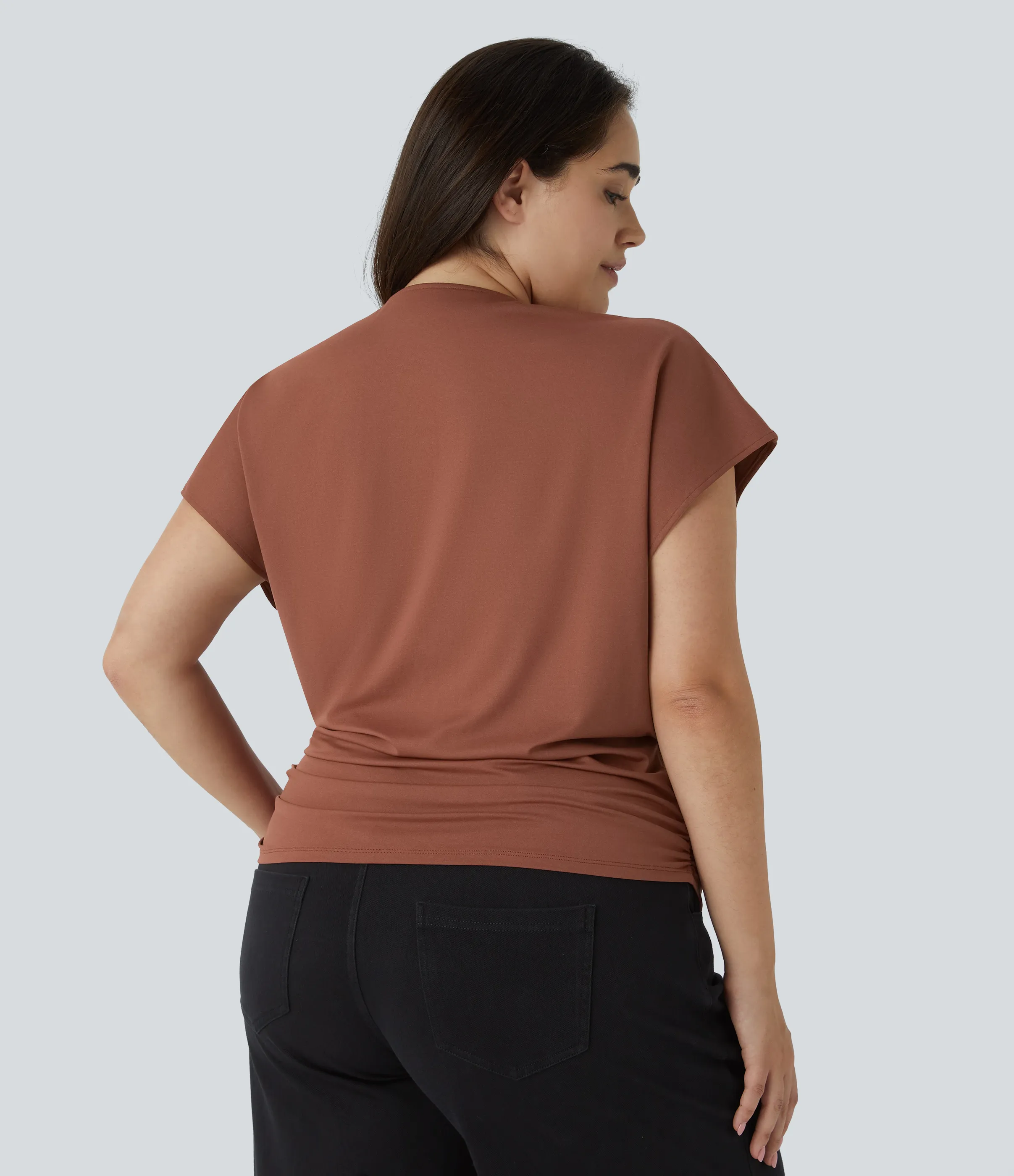 Halara Blusa oficina talla grande cuello V manga casquillo cruzada fruncida sólida - Maple Syrup - 3X sold by Halara product image thumbnail 3