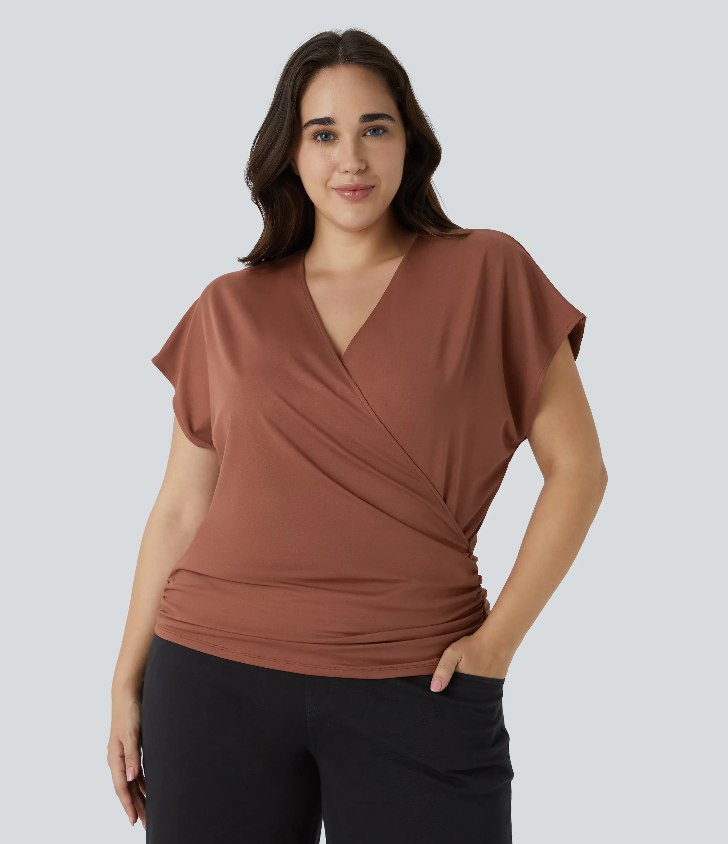 Halara Blusa oficina talla grande cuello V manga casquillo cruzada fruncida sólida - Maple Syrup - 3X sold by Halara product image thumbnail 4