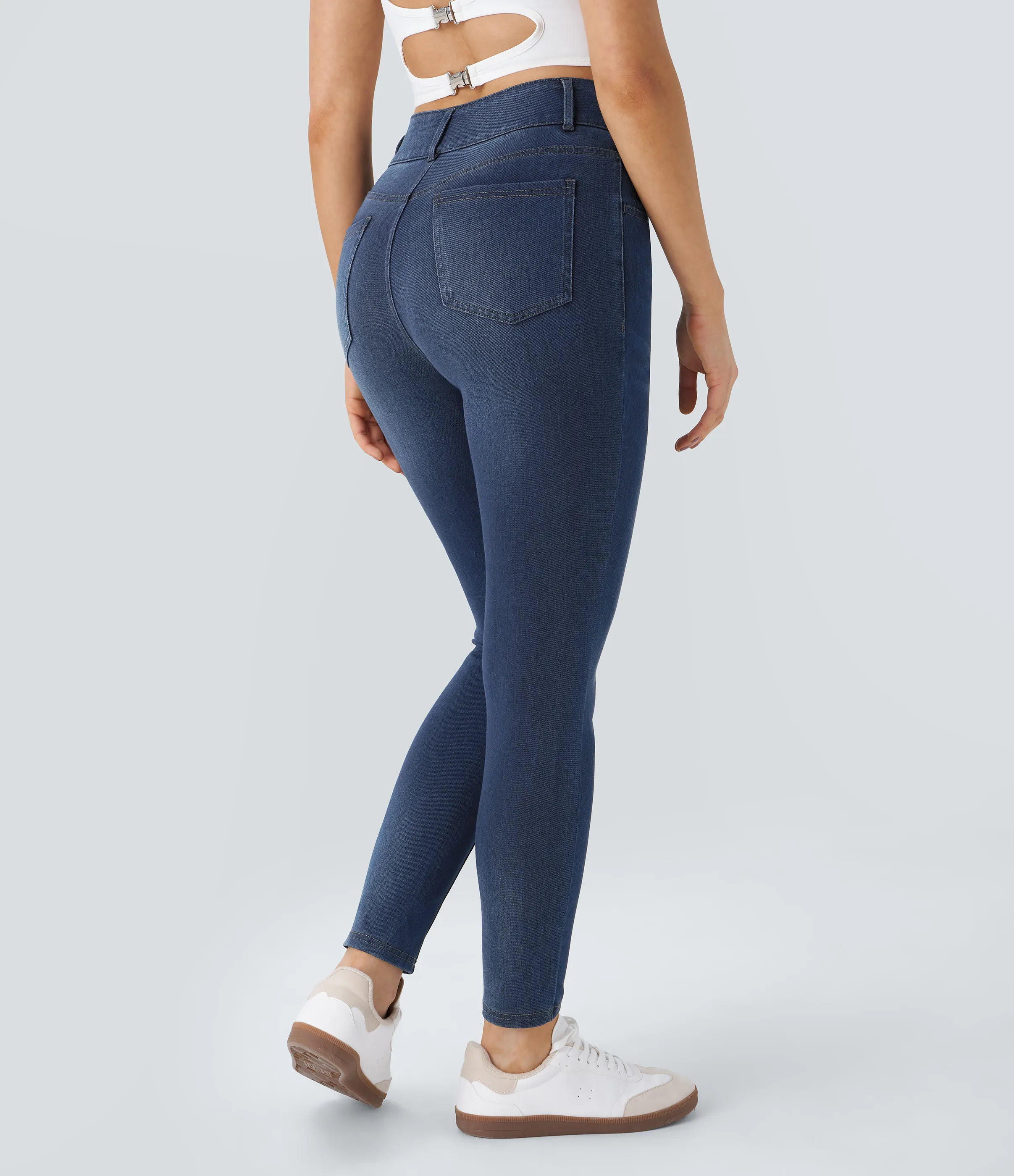Halara Jeans Halara Flex™ Denim ajustado elástico múltiple bolsillo cremallera botones tiro alto - Bright Blue Denim - S(tall) sold by Halara product image thumbnail 3