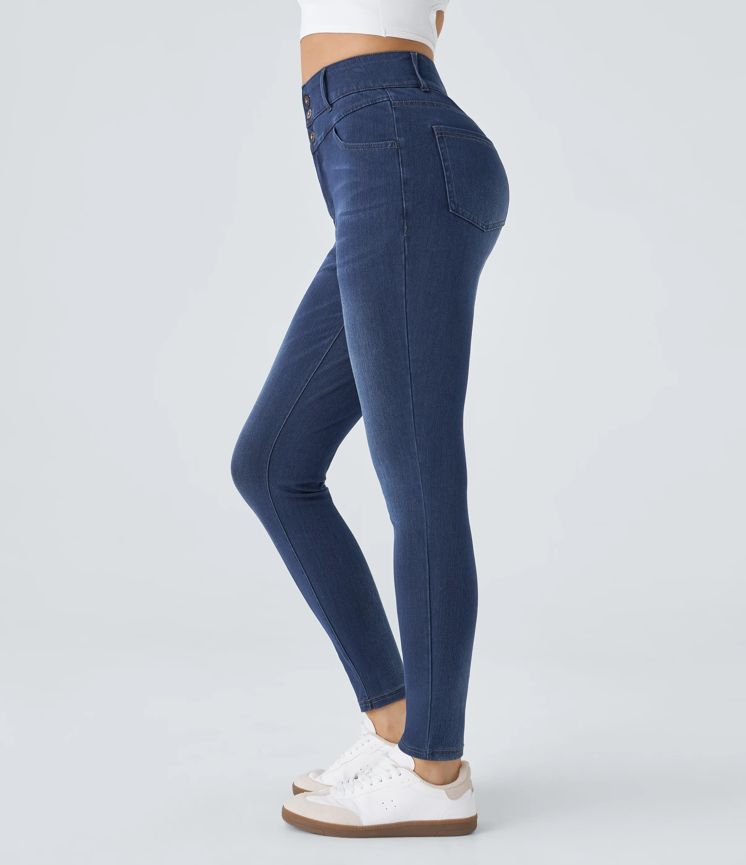 Halara Jeans Halara Flex™ Denim ajustado elástico múltiple bolsillo cremallera botones tiro alto - Bright Blue Denim - S(tall) sold by Halara product image thumbnail 4