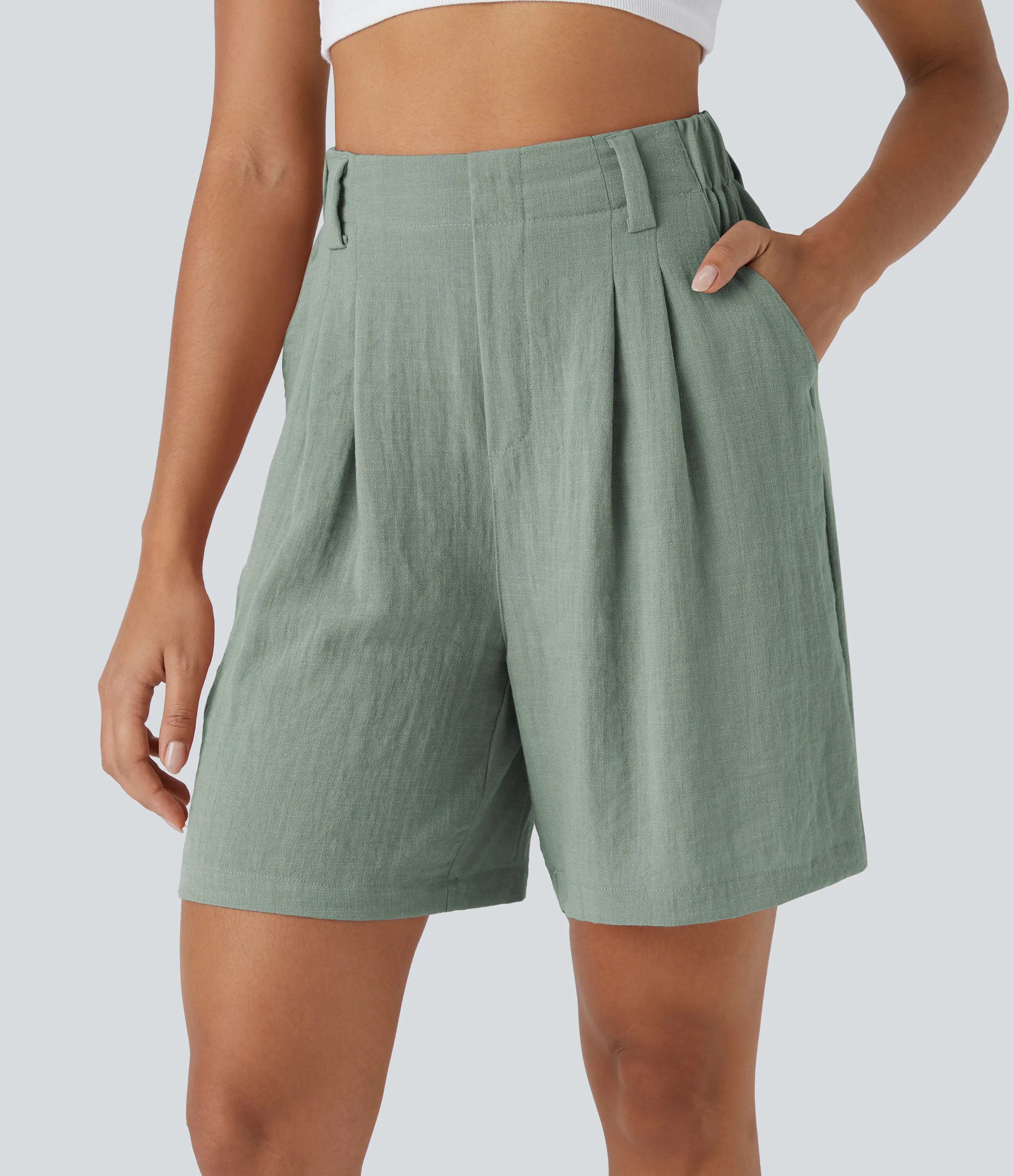 Halara Bermudas casuales anchas con tacto de lino de tiro alto, bolsillo lateral plisado - Iceberg Green - M sold by Halara product image thumbnail 2