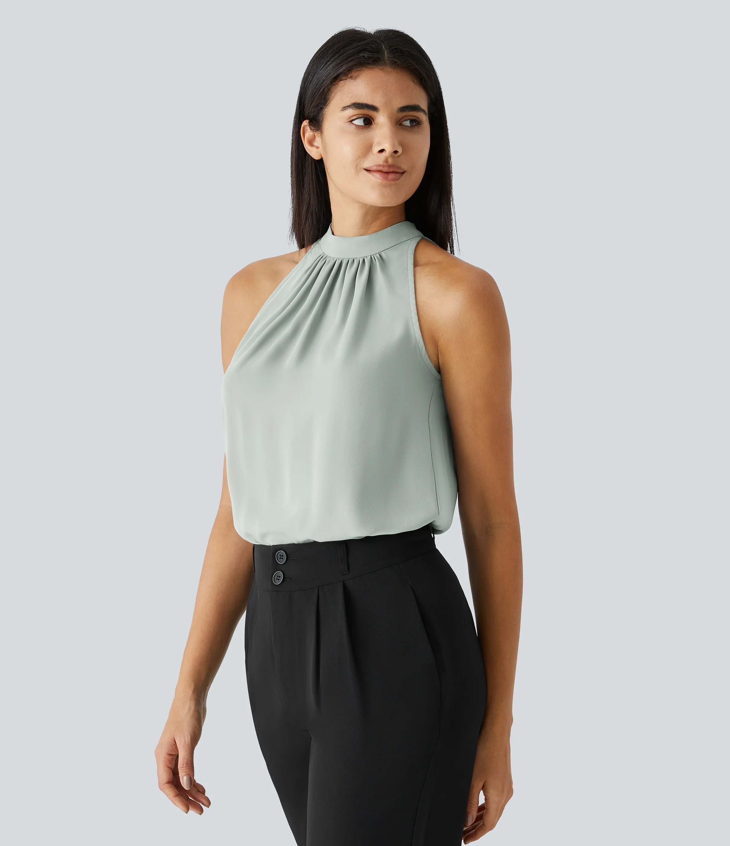 Halara Blusa oficina dobladillo curvado sin manga plisada abertura espalda halter - Pale Clay Green - XL sold by Halara product image thumbnail 2
