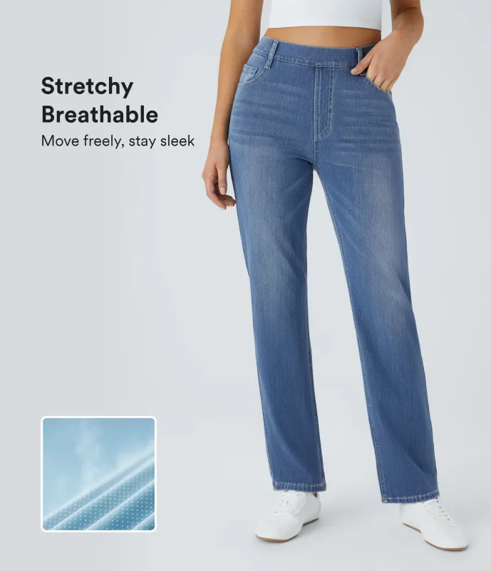 Halara Jeans Halara Flex™ Denim elásticos de tiro alto descoloridos con múltiples bolsillos - Blue Spruce Denim - L(tall) sold by Halara