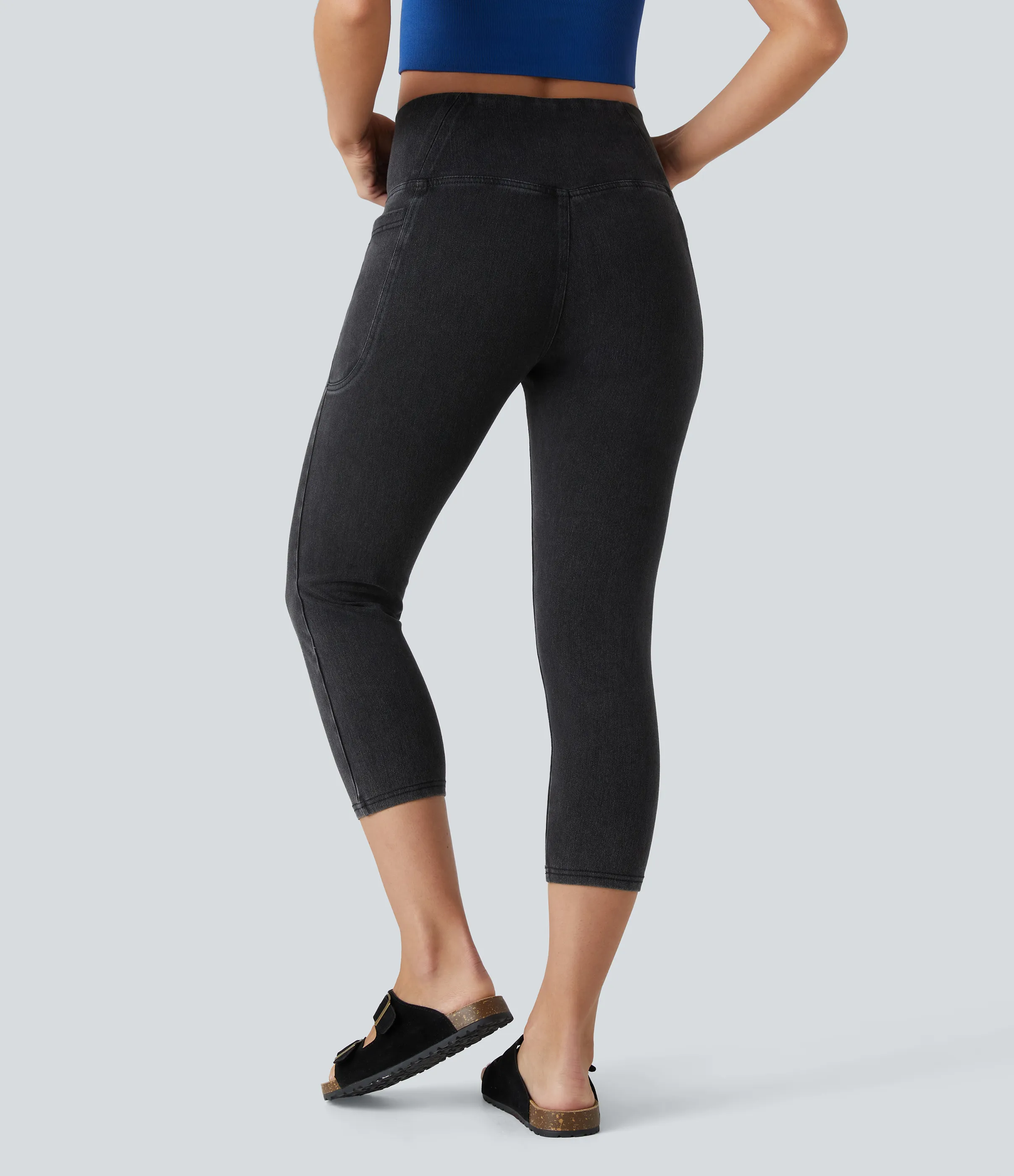 Halara Leggings Halara Flex™ Denim capri mezclilla elástico lavado bolsillo lateral cruzado - Hemp Rope Black Denim - S(regular) sold by Halara product image thumbnail 3