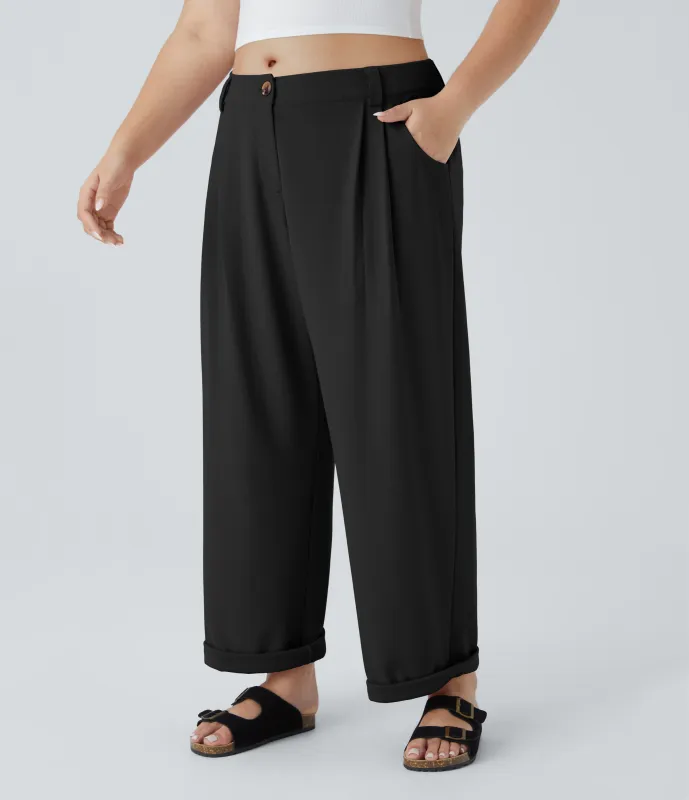 Halara Pantalón gofre bolsillo lateral cremallera botón tiro medio - Black - 1X(regular) made by Halara