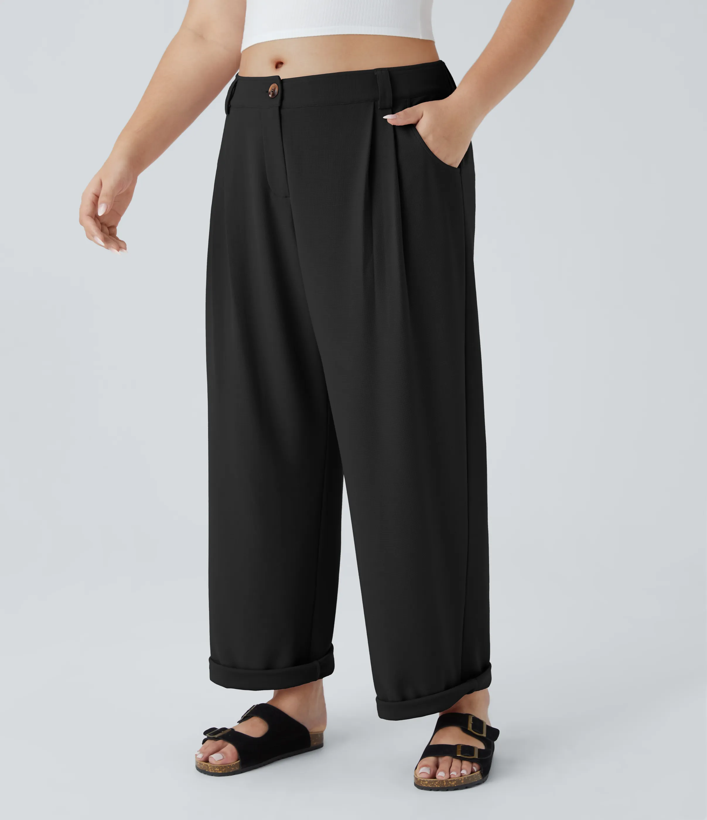 Halara Pantalón gofre bolsillo lateral cremallera botón tiro medio - Black - 1X(regular) sold by Halara