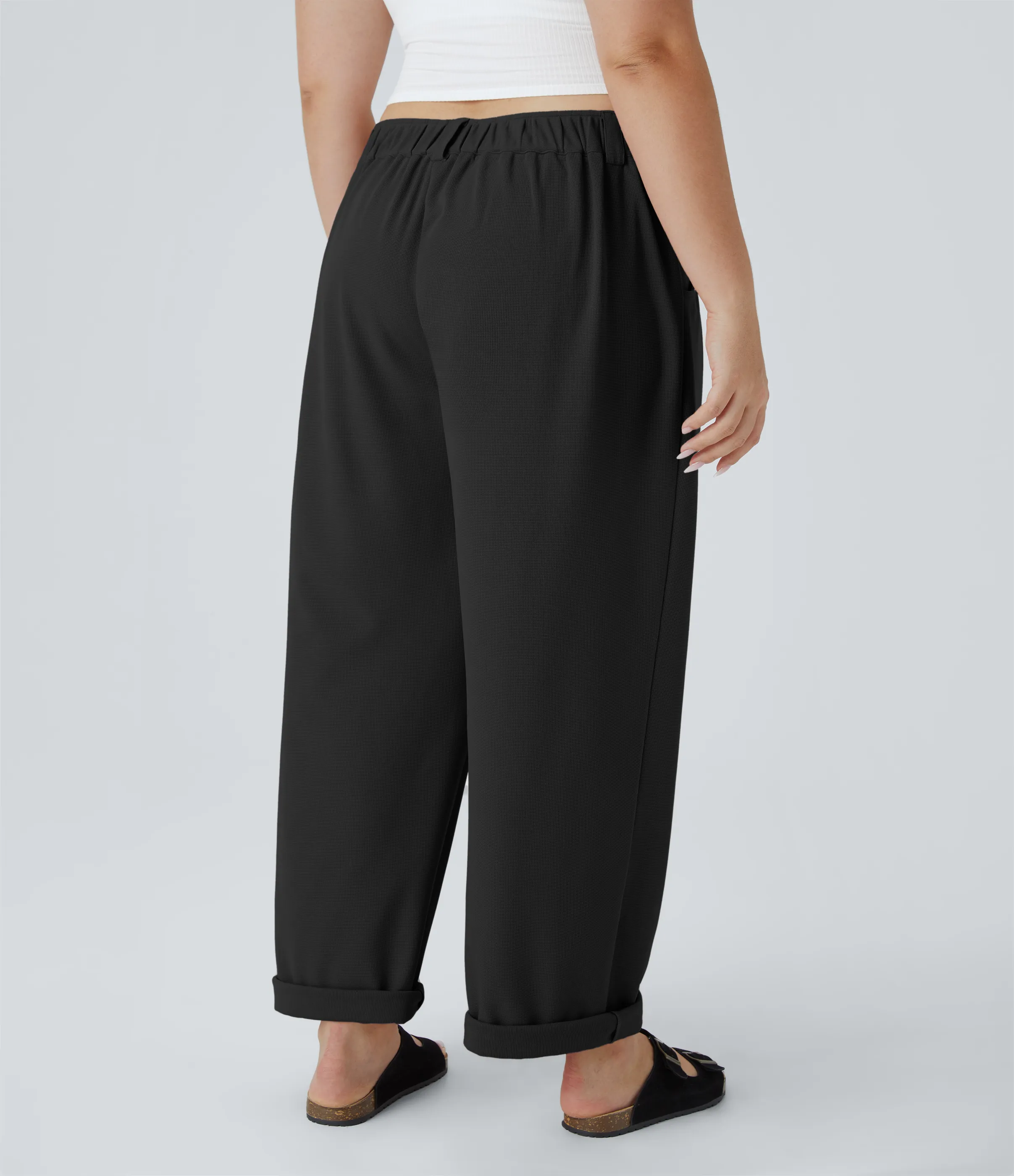 Halara Pantalón gofre bolsillo lateral cremallera botón tiro medio - Black - 1X(regular) sold by Halara product image thumbnail 3