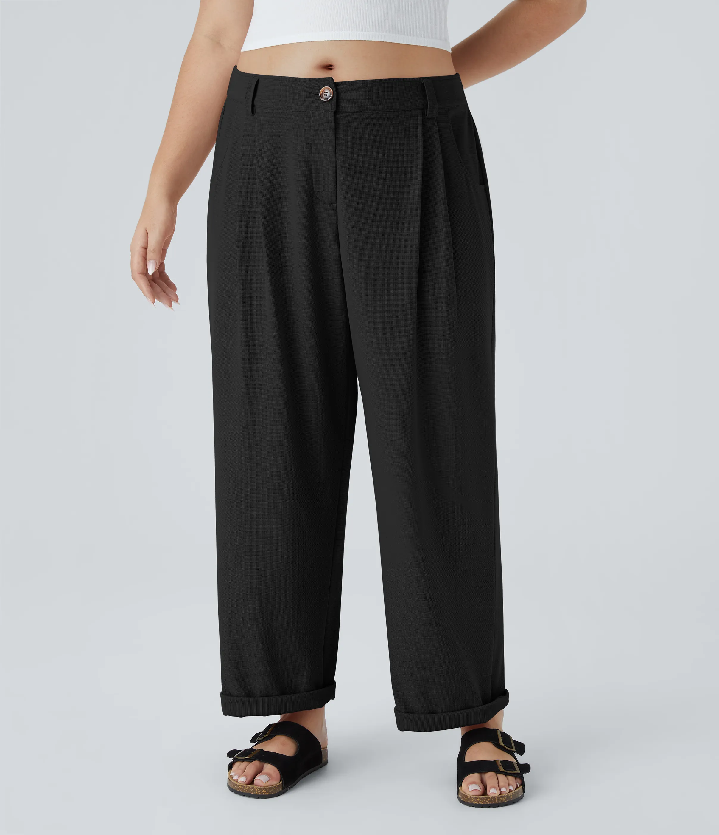 Halara Pantalón gofre bolsillo lateral cremallera botón tiro medio - Black - 1X(regular) sold by Halara product image thumbnail 4