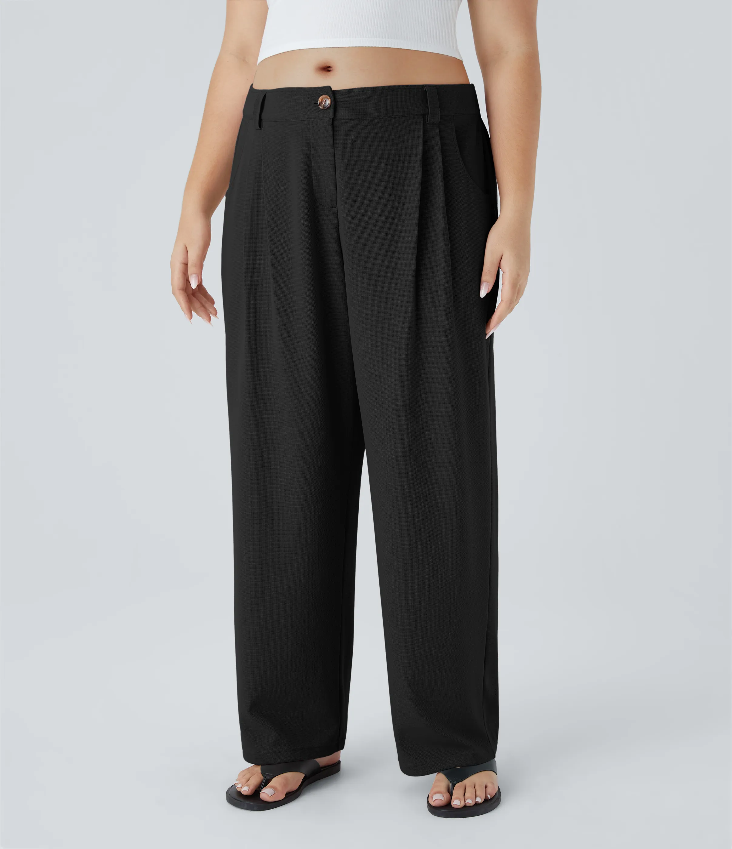 Halara Pantalón gofre bolsillo lateral cremallera botón tiro medio - Black - 1X(regular) sold by Halara product image thumbnail 5