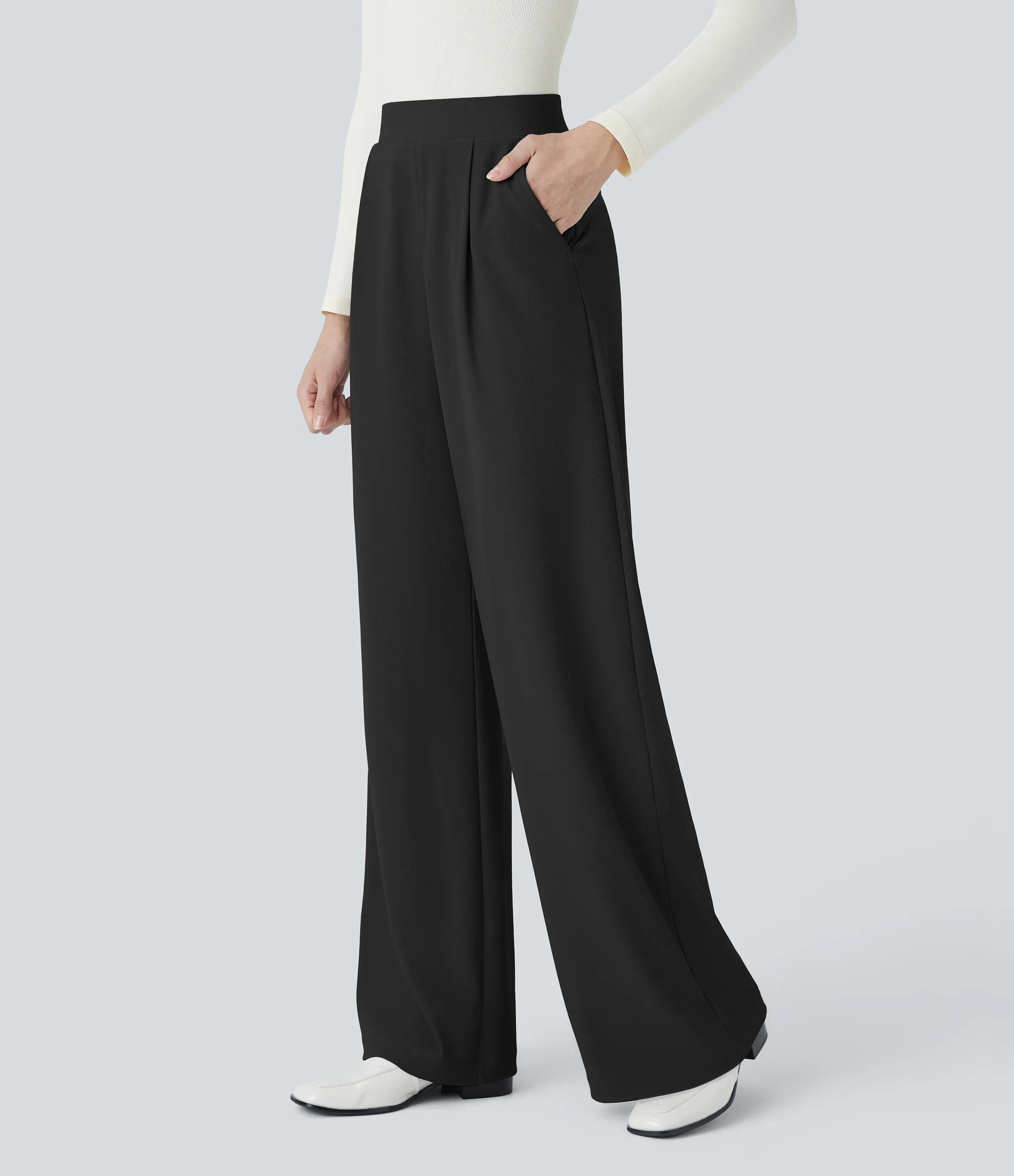 Halara Pantalón Halara Flex™ oficina tiro alto control abdomen adelgazan tiro bolsillo lateral pierna ancha micro gofre - Black - XL(expetite) sold by Halara product image thumbnail 4