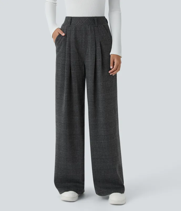 Halara Pantalón tiro alto bolsillo lateral pierna ancha estampado pata gallo - Charcoal Black Houndstooth Plaid - XL(tall) made by Halara