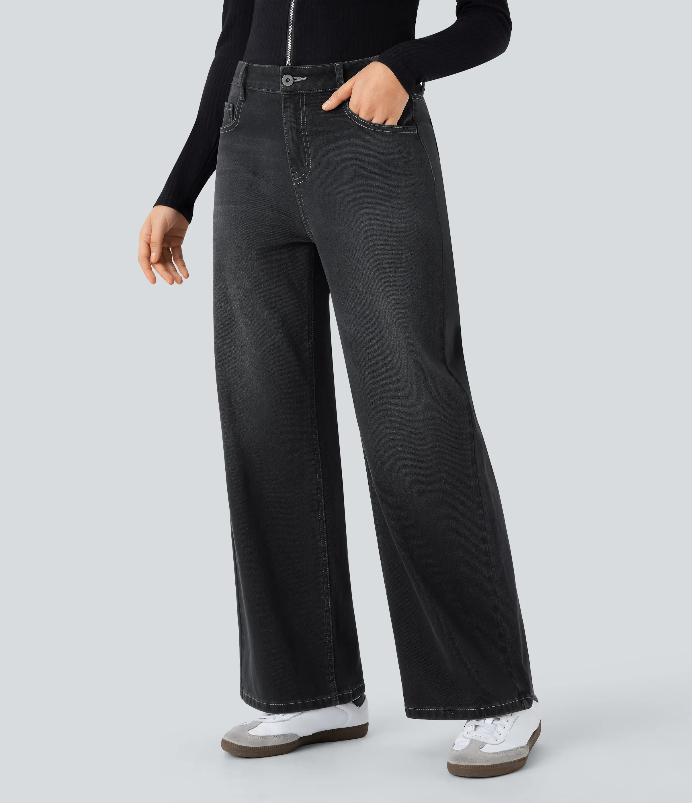 Halara Jeans Baggy Halara Flex™ Denim tiro bajo botón cremallera múltiple bolsillo elástico lavado holgado pierna ancha - Dirty Black Denim - S(regular) sold by Halara product image thumbnail 4