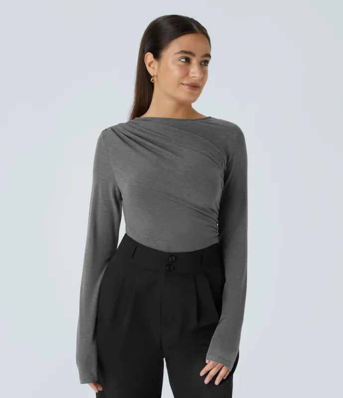 Halara Blusa oficina asimétrica manga larga fruncida - Darl Gray Floral Yarn - L sold by Halara