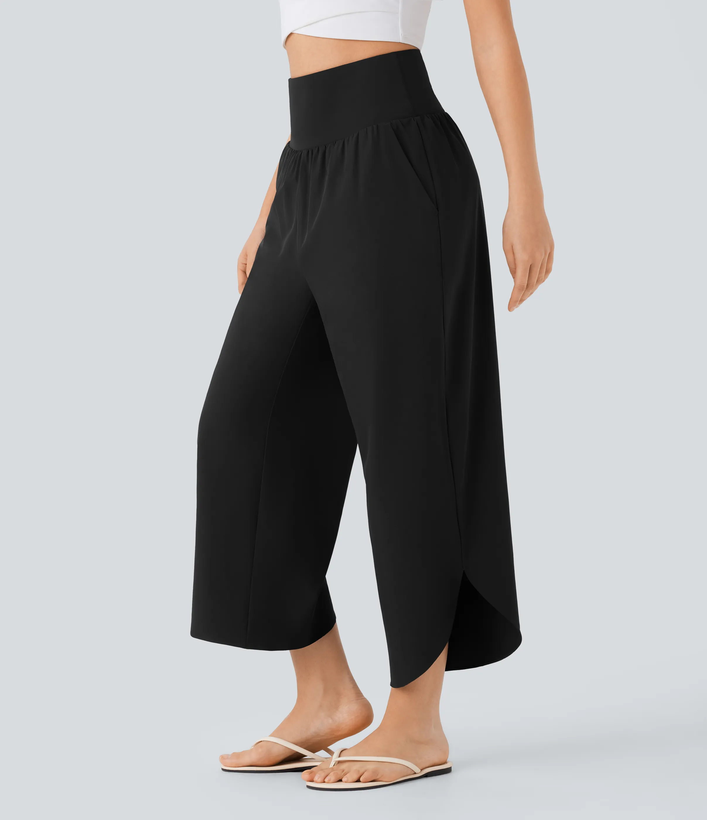 Halara Pantalón SoCinched resort secado rápido dobladillo dividido bolsillo lateral control abdomen tiro alto - Black - M(regular) sold by Halara