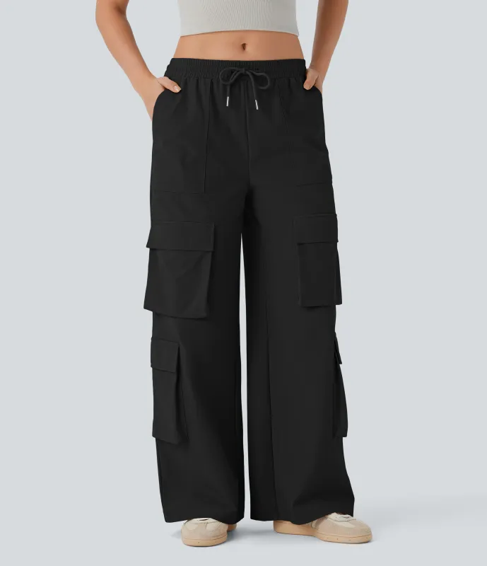 Halara Pantalón cargo tiro medio cordón múltiple bolsillo pierna ancha - Black - S(regular) sold by Halara