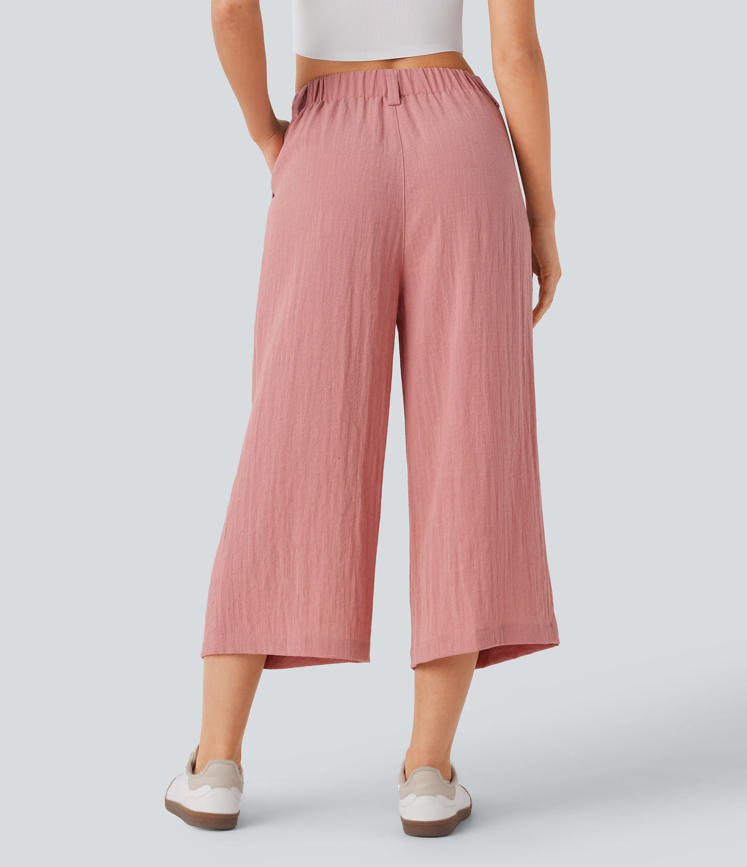 Halara Pantalón capri lino tiro alto bolsillo lateral pierna ancha holgado color liso - Rosette - S(regular) sold by Halara product image thumbnail 3