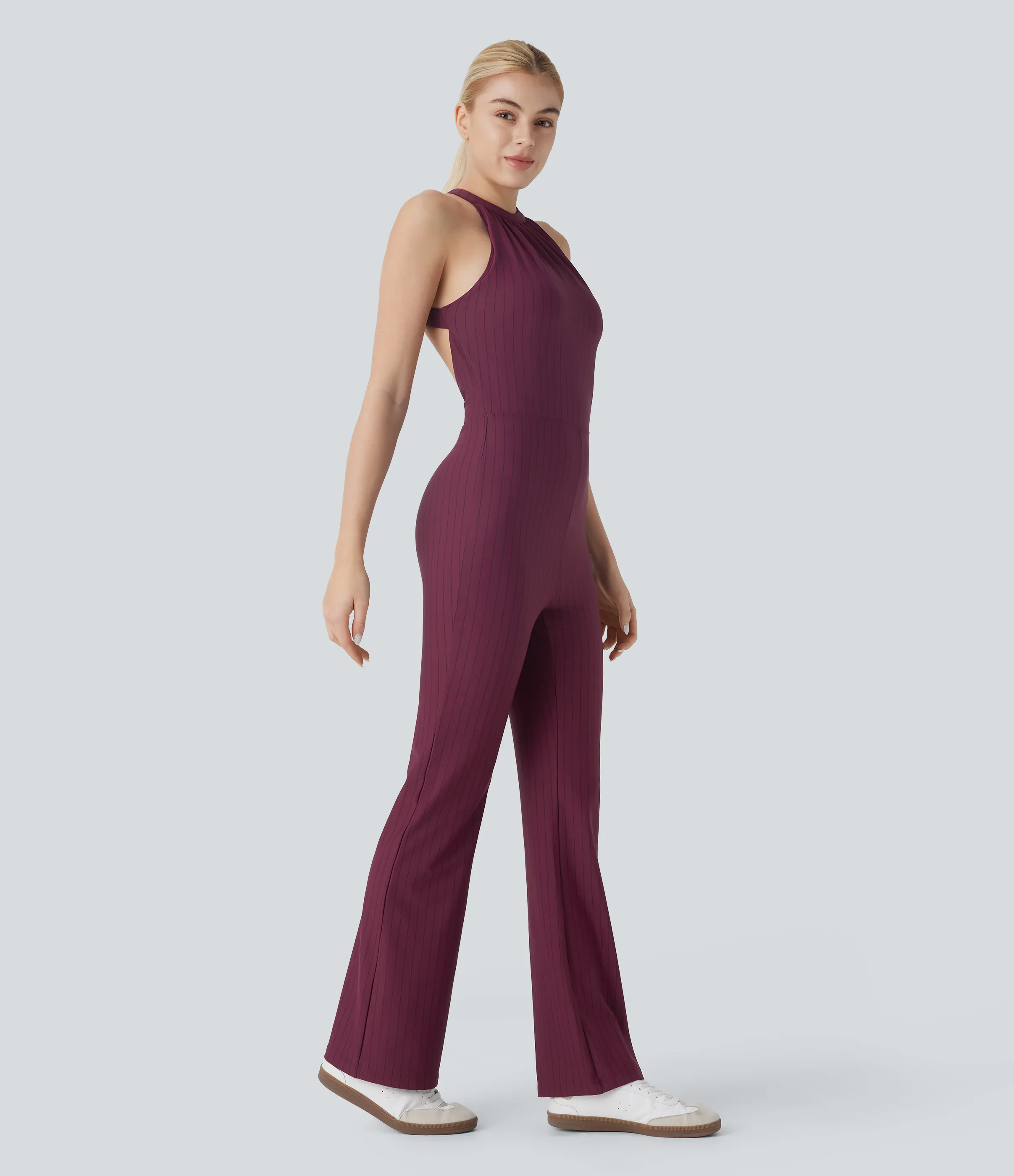 Halara Mono yoga cuello halter sin espalda corte acampanado raya tacto fresco - Wine Red and Black Stripe - XL(regular) sold by Halara product image thumbnail 4