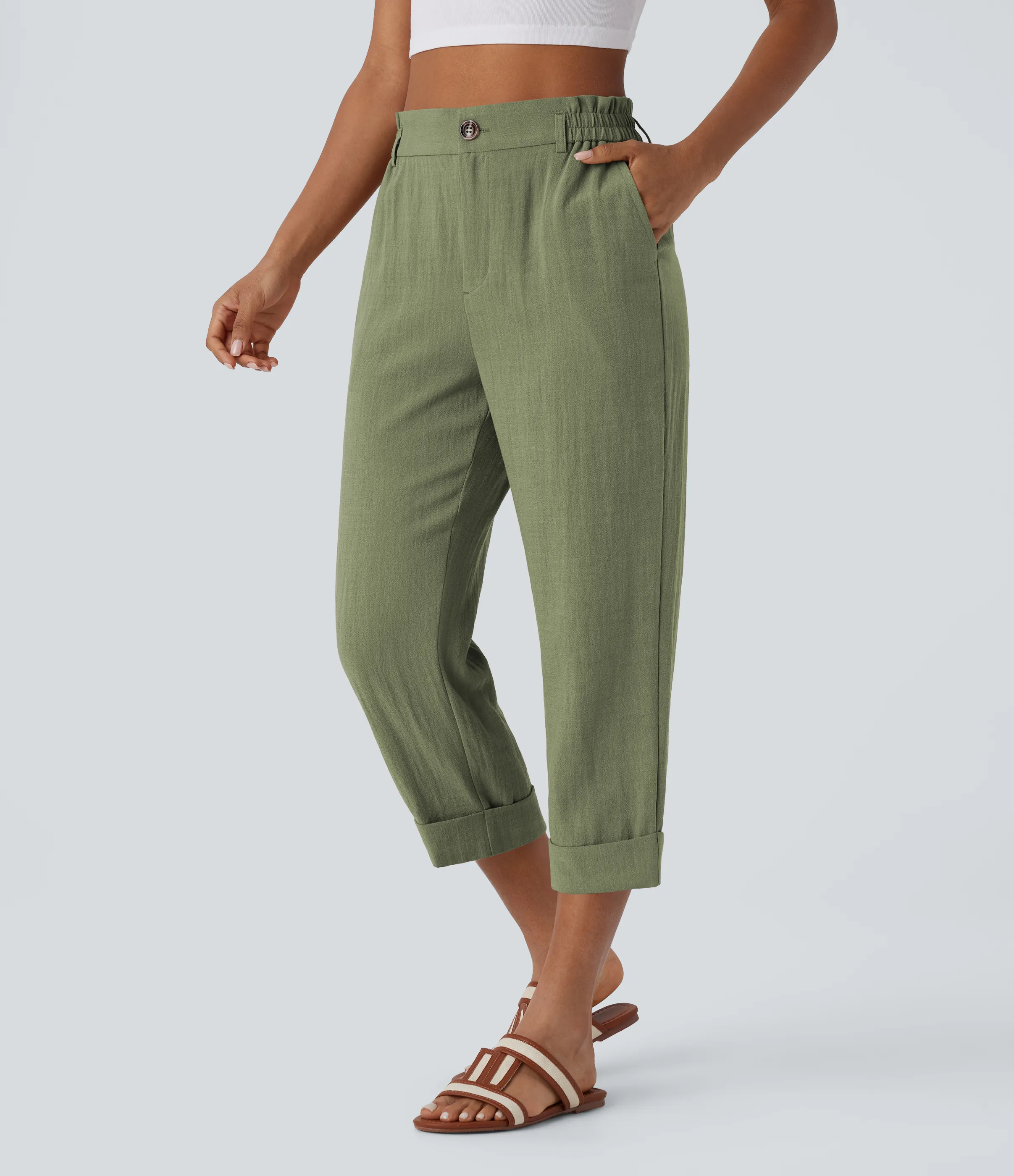 Halara Pantalón capri lino tiro alto bolsillo lateral cremallera botón - Catkin Green - S(regular) sold by Halara