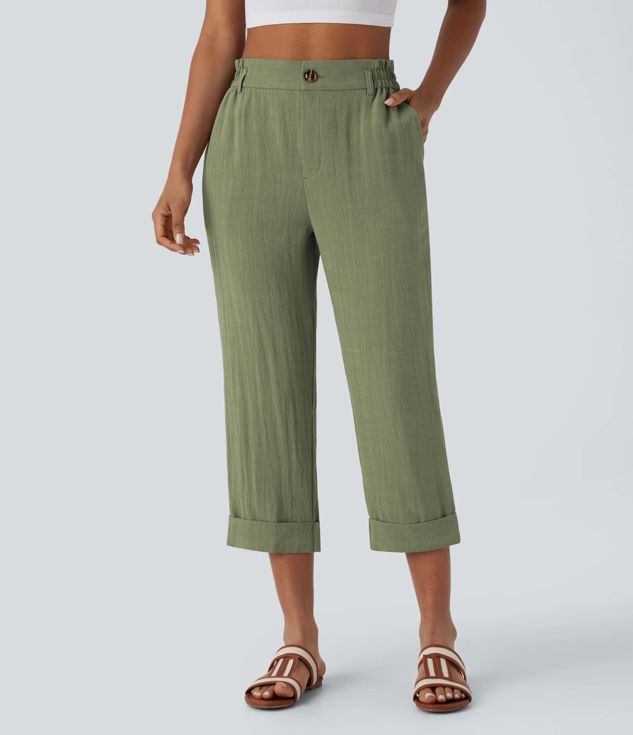 Halara Pantalón capri lino tiro alto bolsillo lateral cremallera botón - Catkin Green - S(regular) sold by Halara product image thumbnail 4