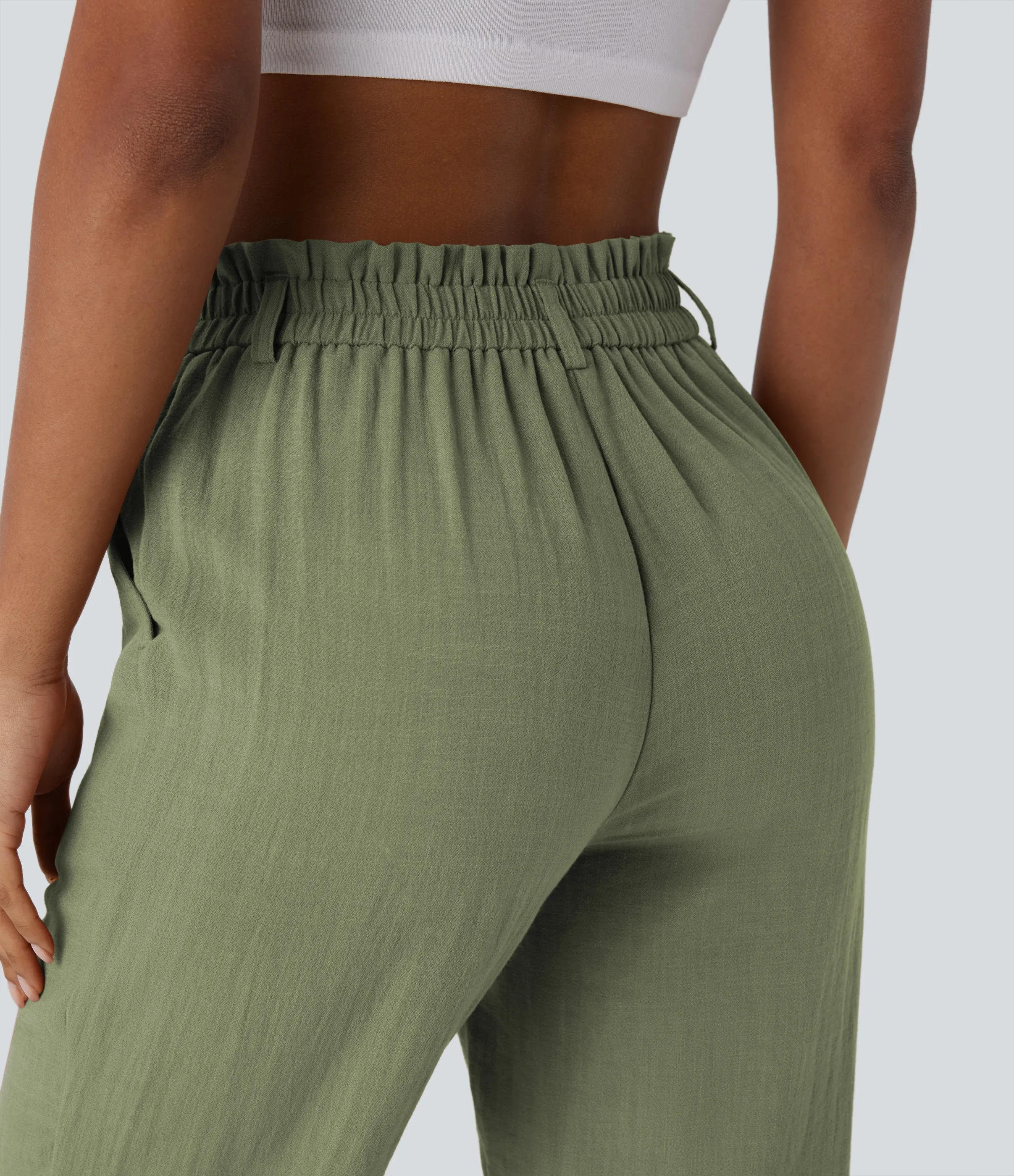 Halara Pantalón capri lino tiro alto bolsillo lateral cremallera botón - Catkin Green - S(regular) sold by Halara product image thumbnail 5