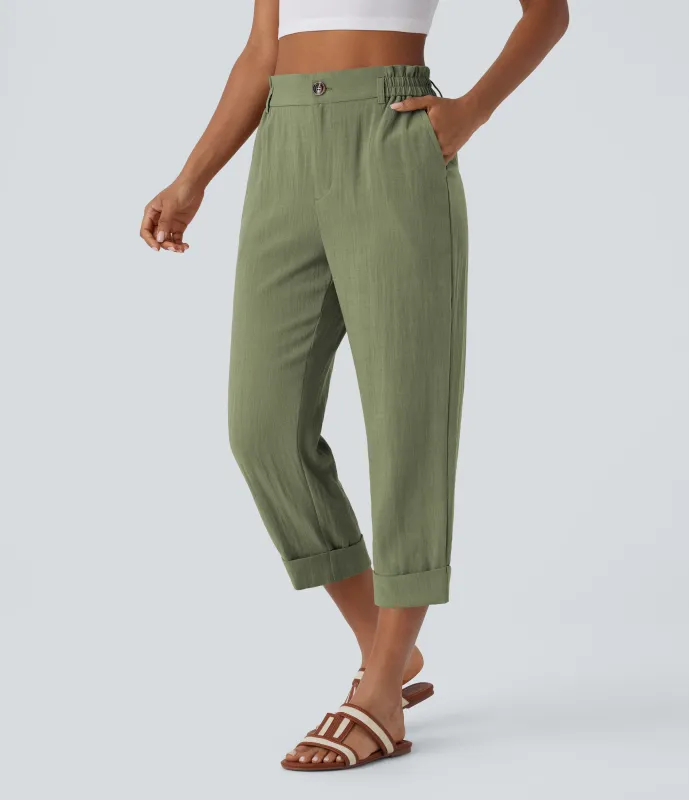 Halara Pantalón capri lino tiro alto bolsillo lateral cremallera botón - Catkin Green - XL(regular) made by Halara