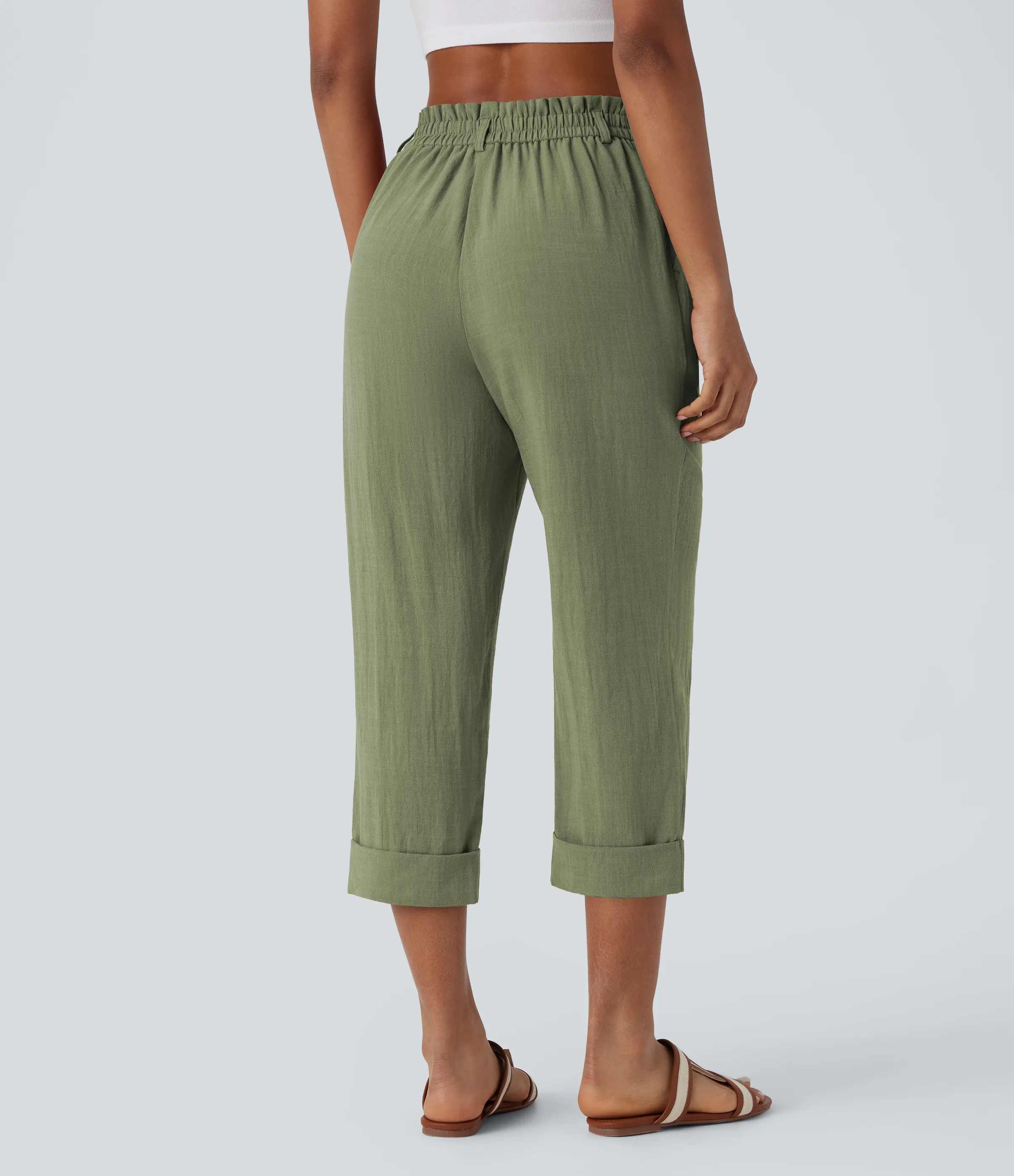 Halara Pantalón capri lino tiro alto bolsillo lateral cremallera botón - Catkin Green - XL(regular) sold by Halara product image thumbnail 3