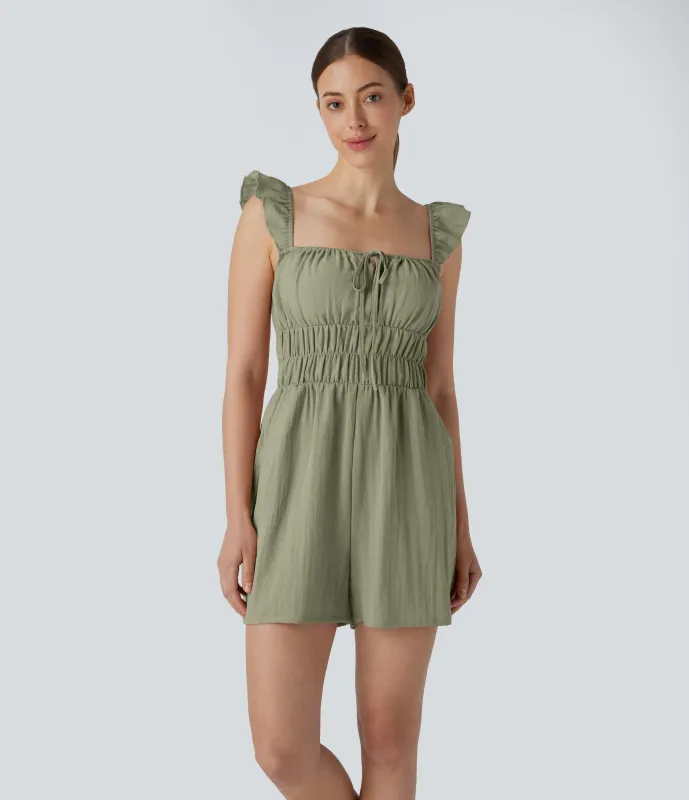 Halara Mono lino cuello cuadrado sin mangas cordón sin espalda fruncido bolsillo lateral - Catkin Green - L sold by Halara