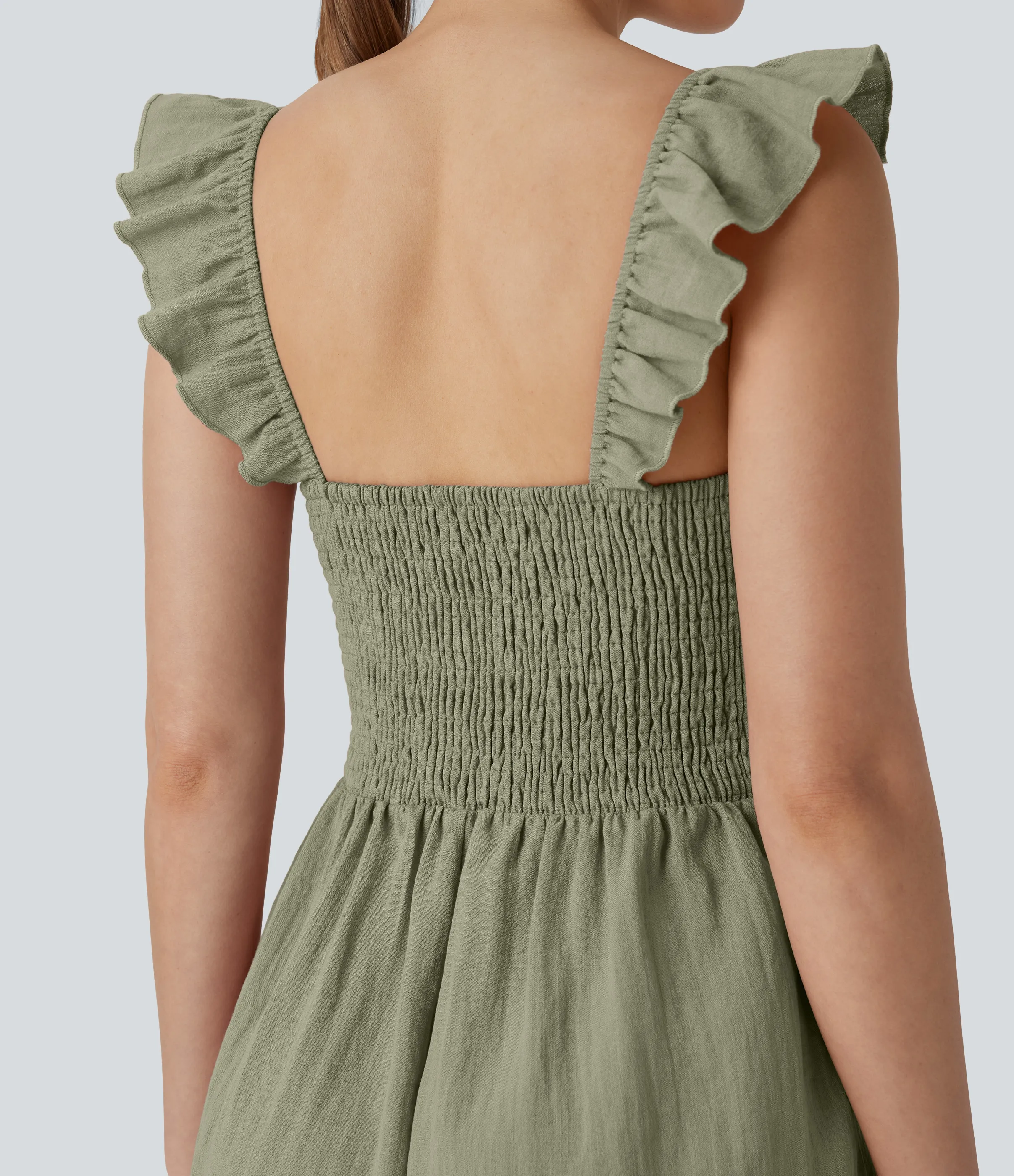 Halara Mono lino cuello cuadrado sin mangas cordón sin espalda fruncido bolsillo lateral - Catkin Green - L sold by Halara product image thumbnail 5