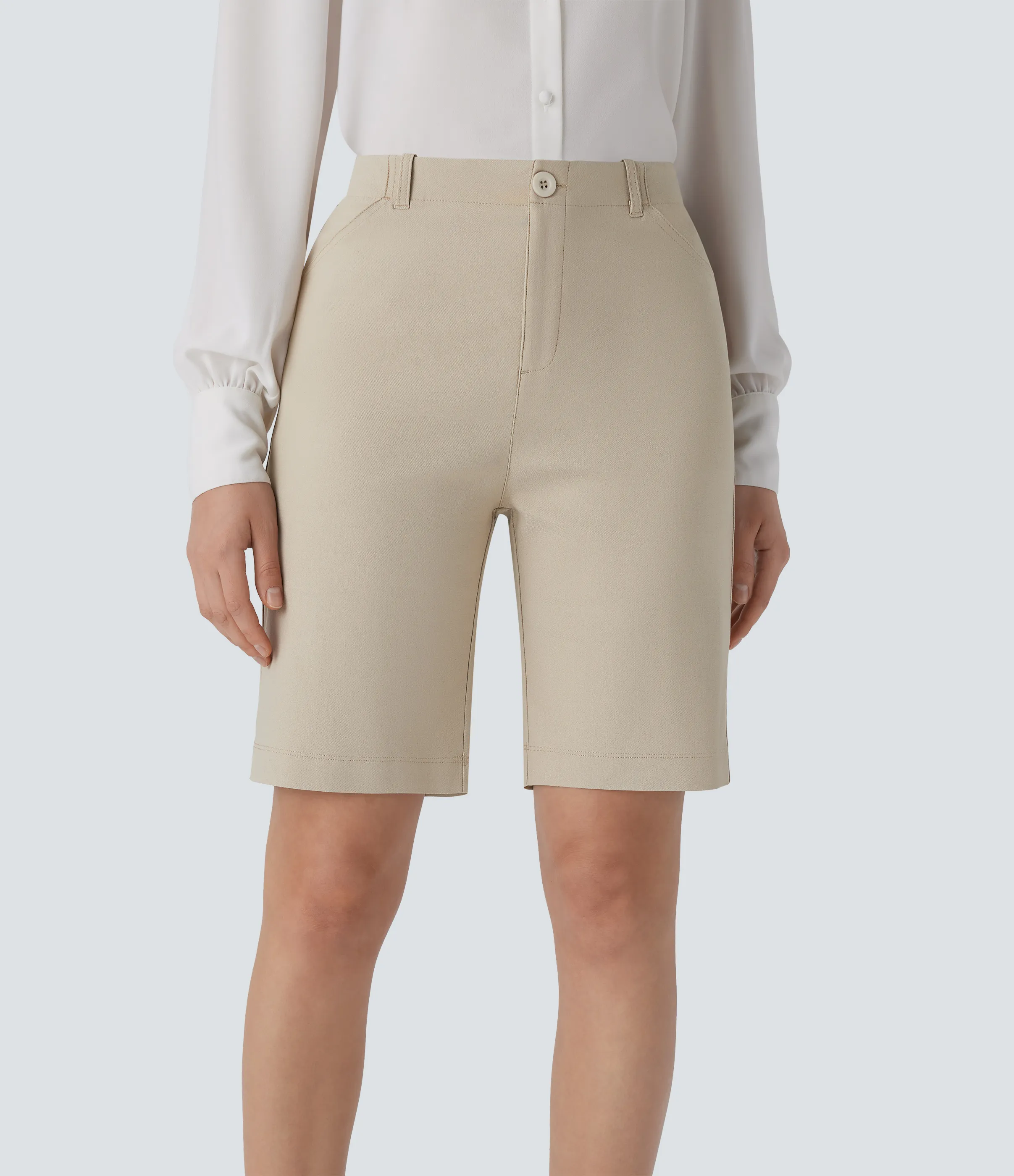 Halara Pantalón corto oficina bolsillo lateral cierre botón tiro medio 22.8cm - French Oak - S sold by Halara product image thumbnail 4