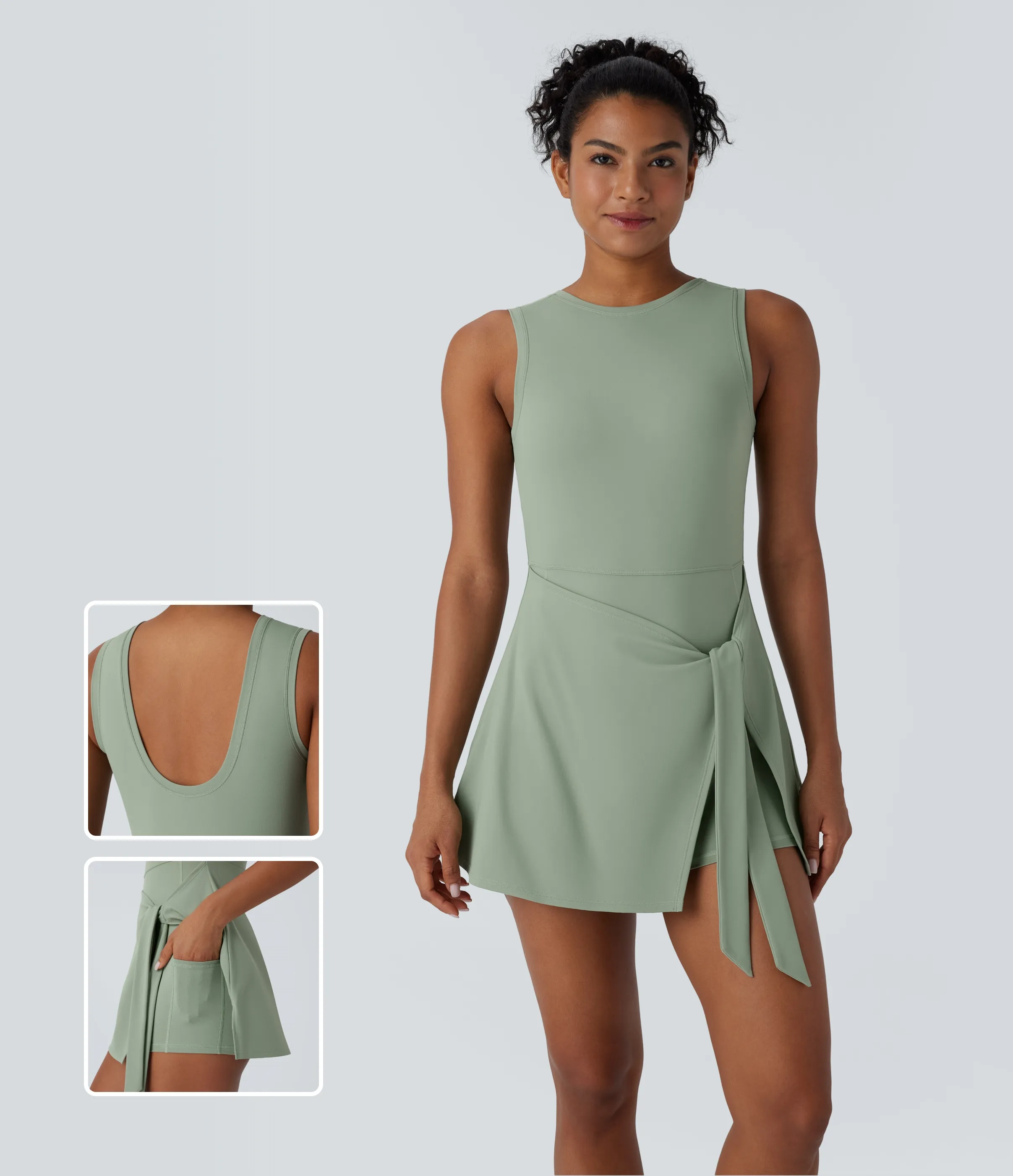 Halara Mini Vestido micro deportivo pickleball bolsillo lateral 2 en 1 sin espalda sin mangas cruzado lazo delantera - Frosty Green - XL sold by Halara