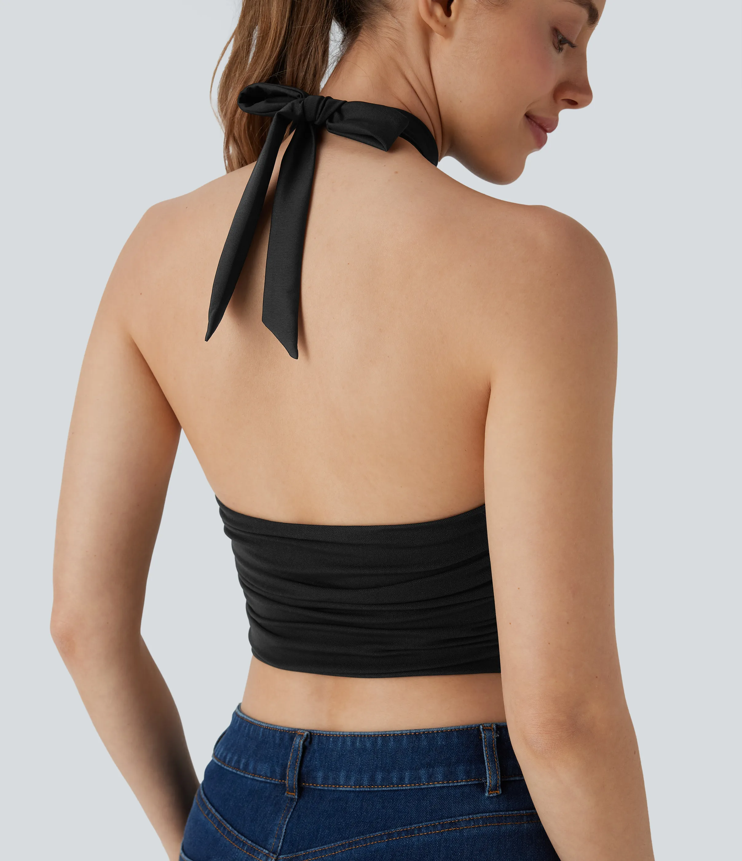 Halara Top corto malla contrastante cuello halter sin espalda lazo - Black - XL sold by Halara product image thumbnail 5