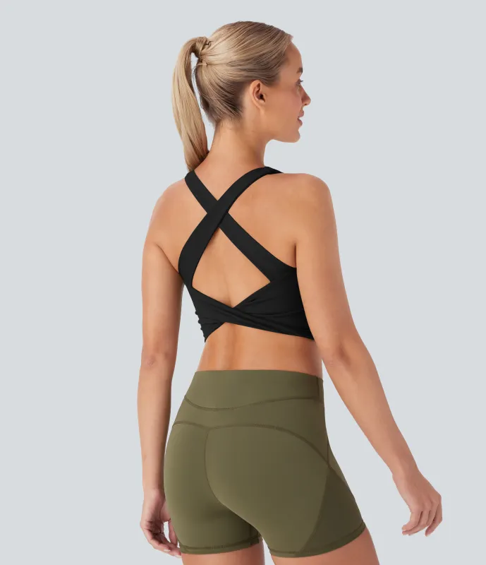 Halara Top corto de yoga Softlyzero™ con espalda descubierta y diseño entrecruzado - Black - XL sold by Halara