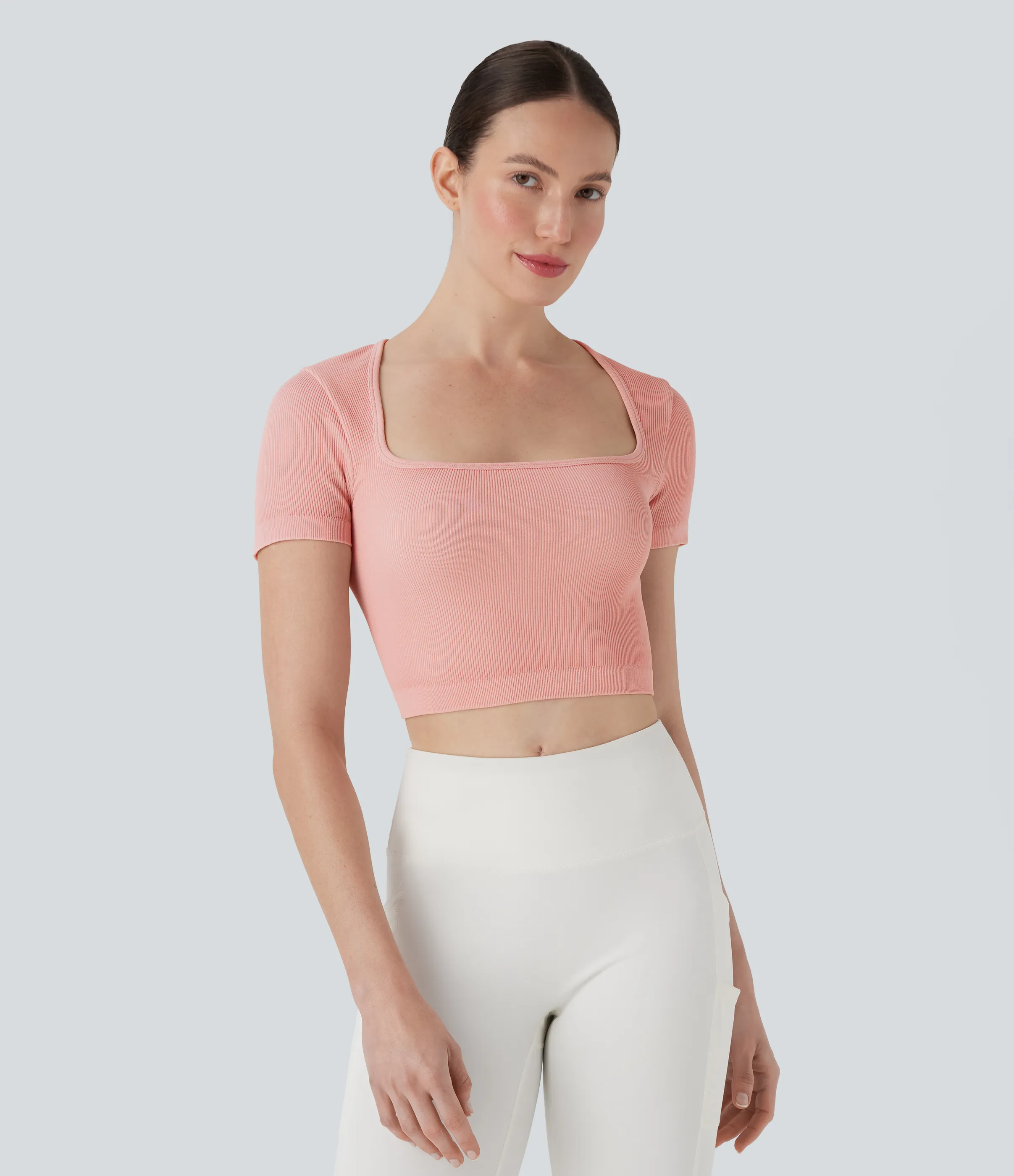 Halara Top deportivo corto de yoga acanalado de manga corta con escote cuadrado - Granite Rose - XS sold by Halara product image thumbnail 2