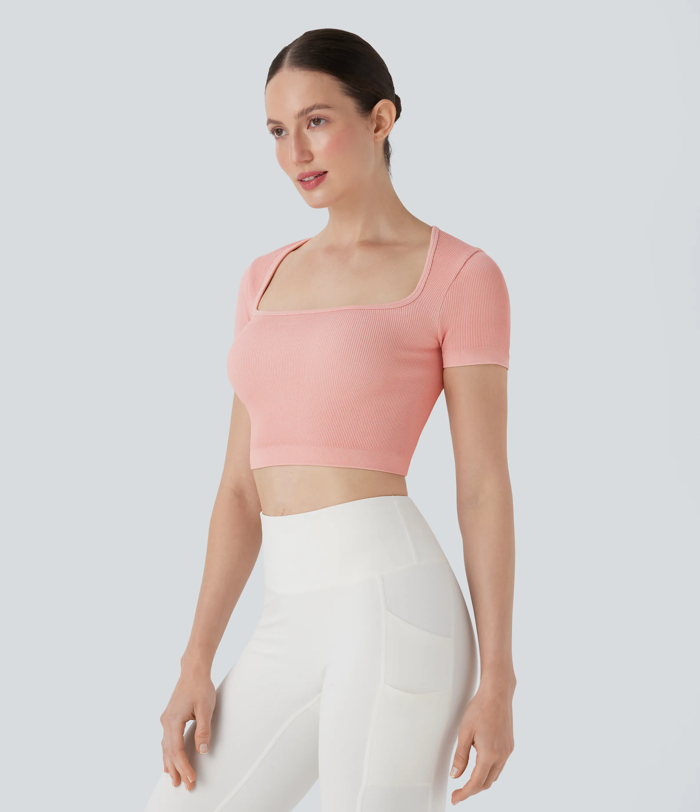 Halara Top deportivo corto de yoga acanalado de manga corta con escote cuadrado - Granite Rose - XS sold by Halara product image thumbnail 4